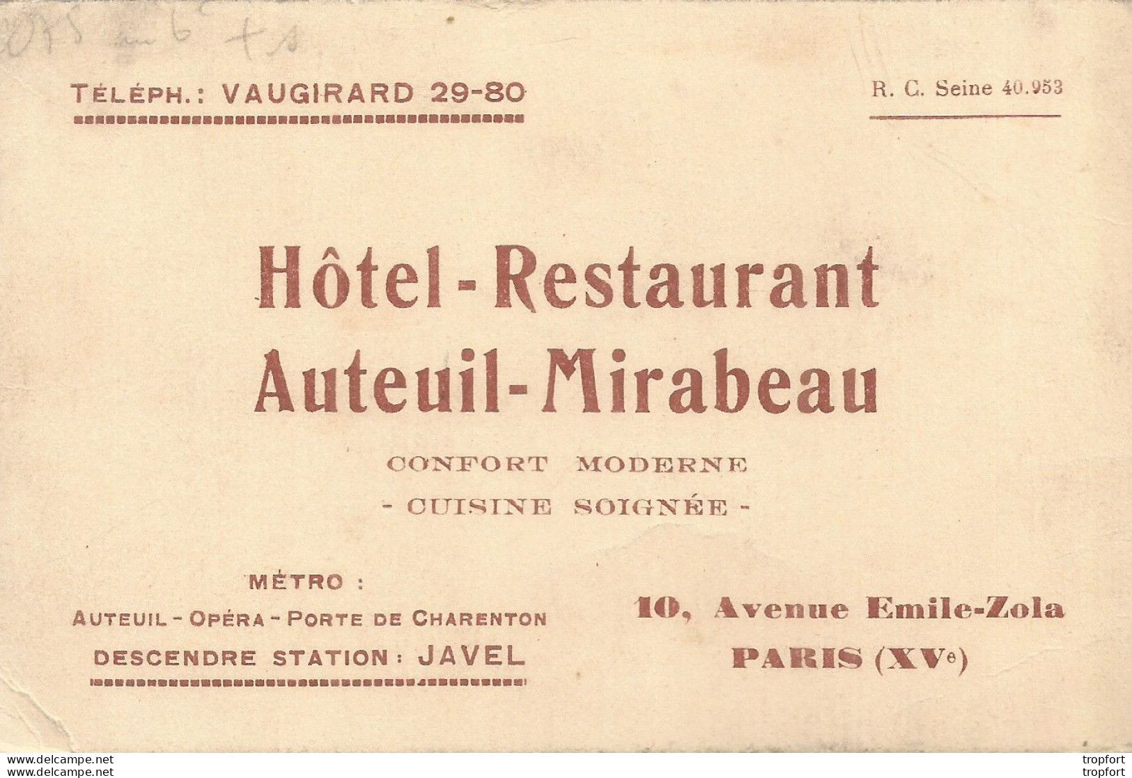 HOTEL Restaurant MIRABEAU Rue Emile Zola 75015 PARIS / CARTE De VISITE Publicitaire PUB Restaurant - Cartes De Visite