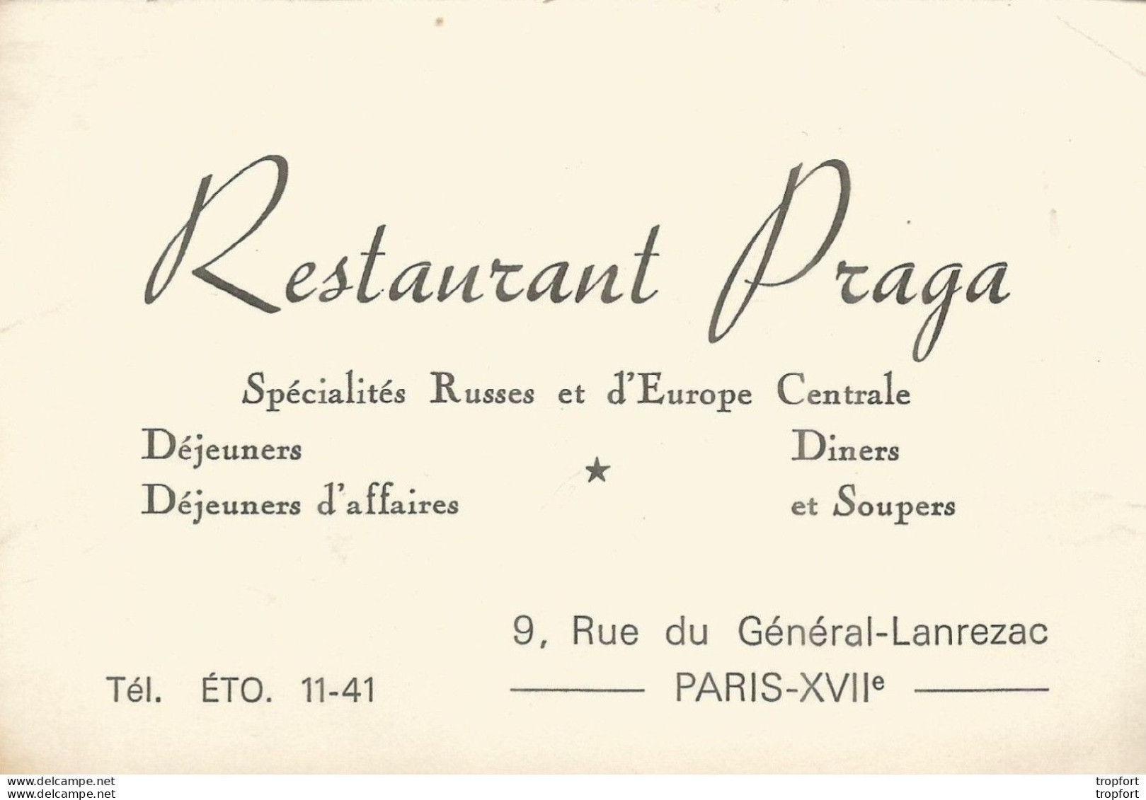 75 Restaurant PRAGA Rue General Lanrezac PARIS 75017 / CARTE De VISITE Publicitaire PUB Restaurant - Visiting Cards