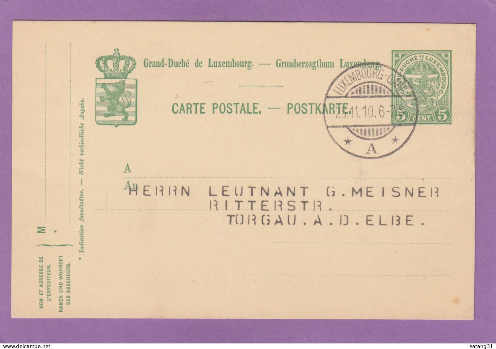 MINERALWASSERVERBAND DES STAATSBADES MONDORF. GANZSACHE NACH TORGAU,DEUTSCHLAND,1910. - Postwaardestukken