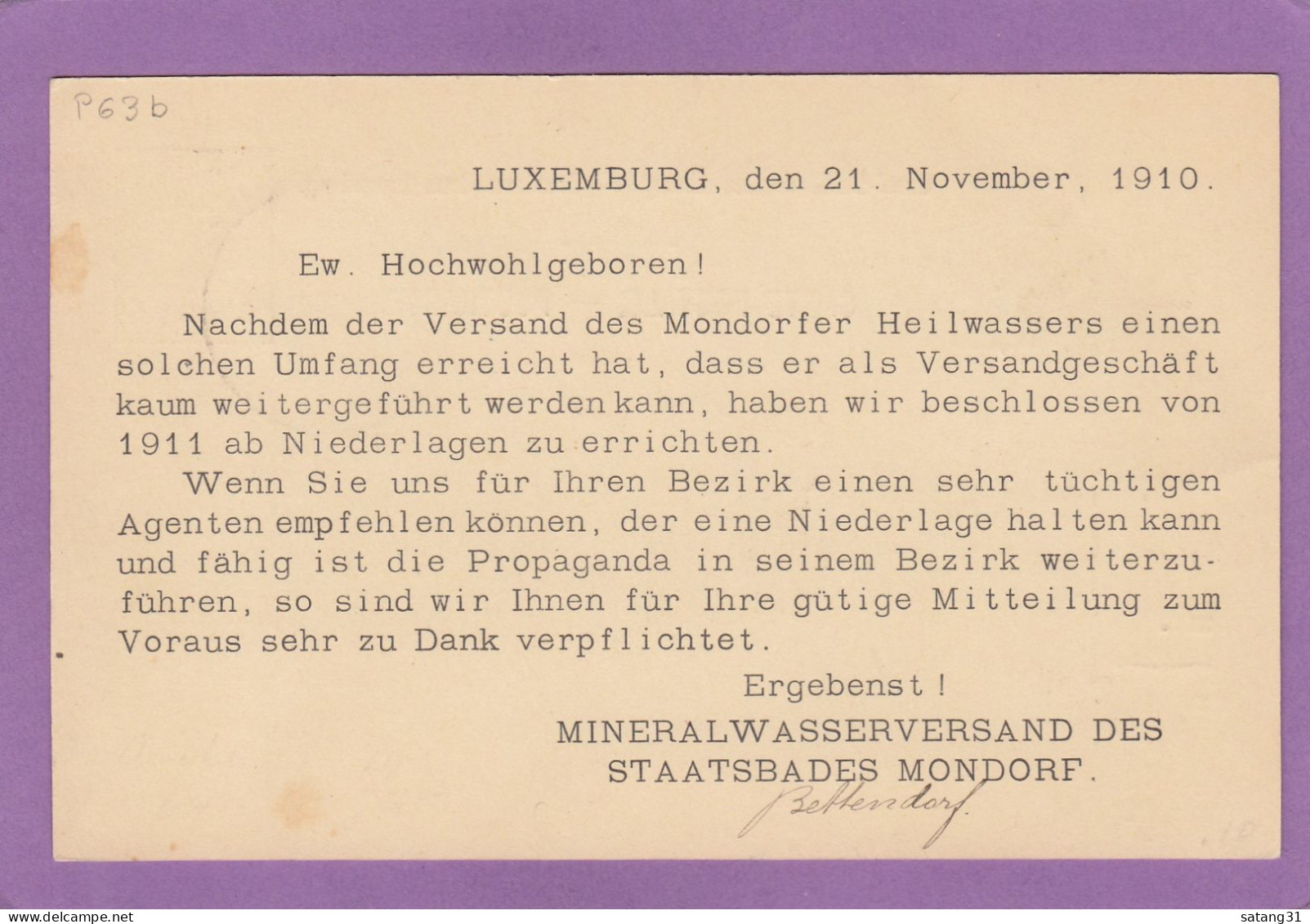 MINERALWASSERVERBAND DES STAATSBADES MONDORF. GANZSACHE NACH TORGAU,DEUTSCHLAND,1910. - Entiers Postaux