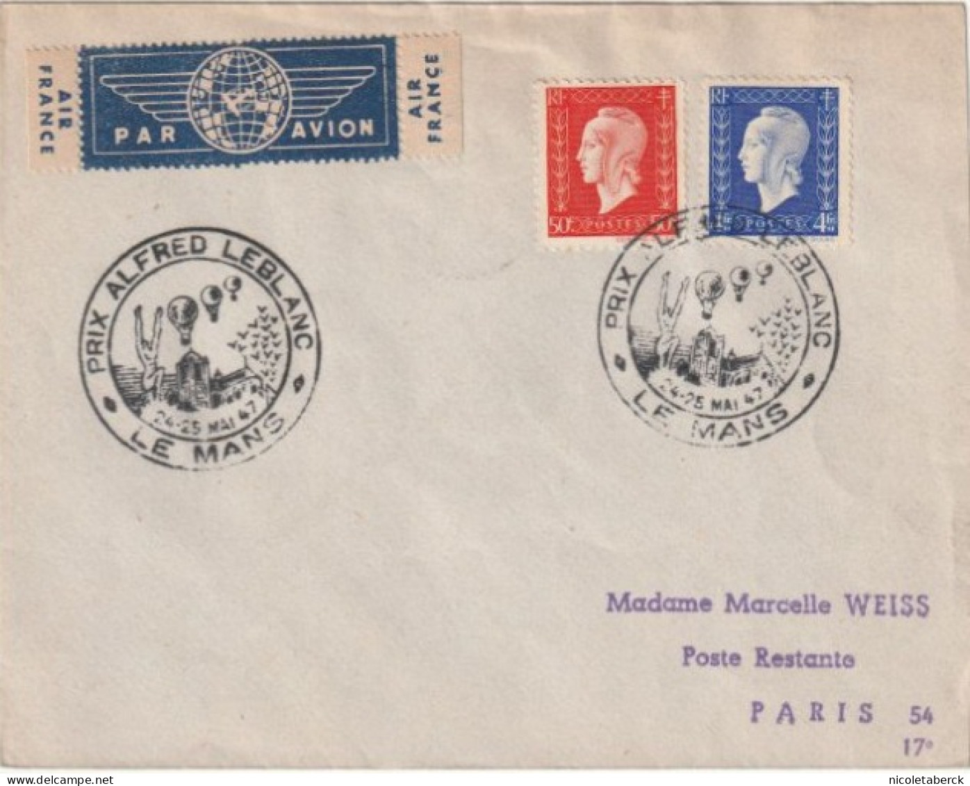 Marianne De Londres, Obl: Prix Alfred Leblanc 24/5/47 Le Mans Avec étiquette Rare Par Avion Air France. Collection BERCK - Covers & Documents