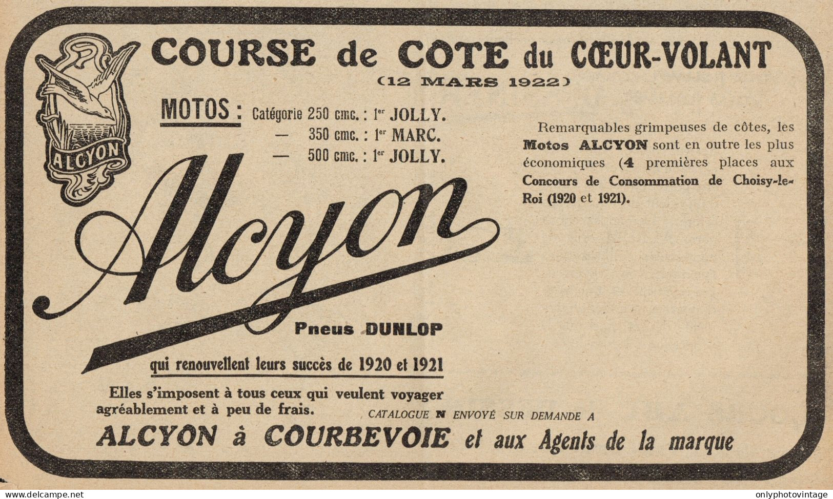 Motos ALCYON - Course De Cote Du Coeur-Volant - Pubblicità D'epoca_1922 Ad - Advertising