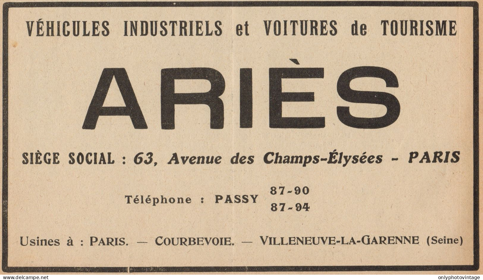 Voitures De Tourisme ARIES - Pubblicità D'epoca - 1920 Old Advertising - Advertising