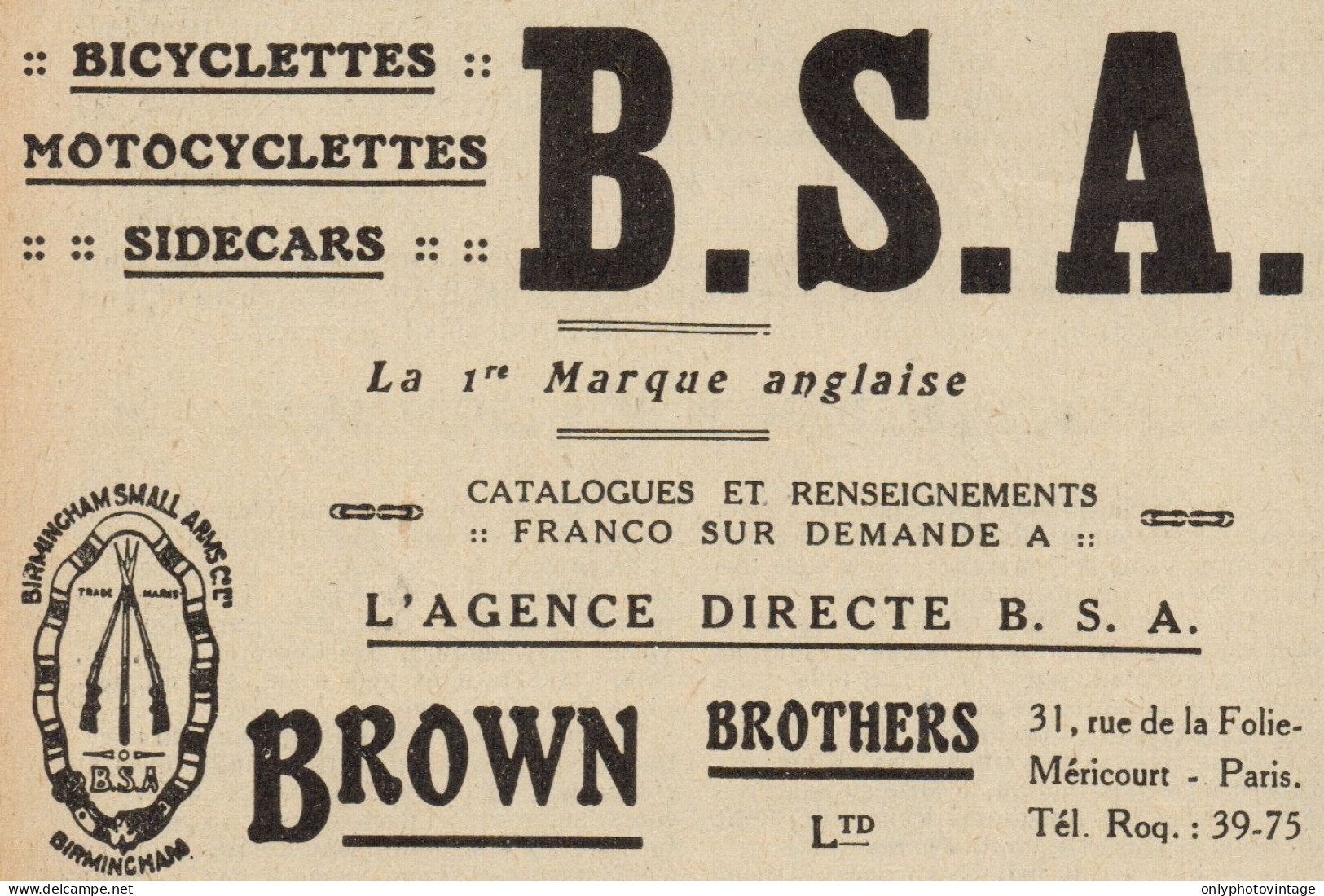 Moto, Bici E Sidecar B.S.A. - Pubblicità D'epoca - 1920 Old Advertising - Advertising