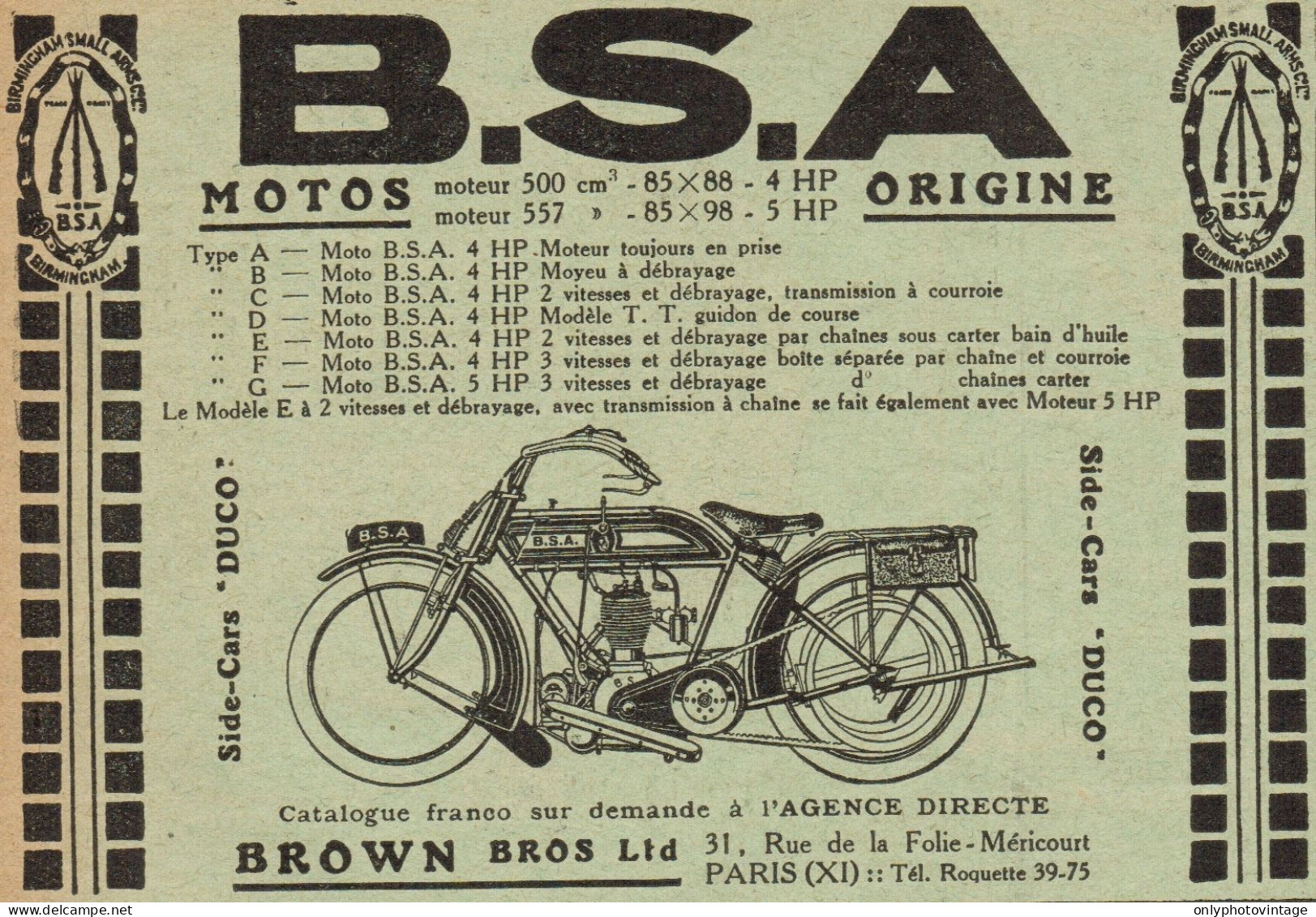 Motociclette B.S.A. - Sidecars Duco - Pubblicità D'epoca - 1914 Old Advert - Advertising