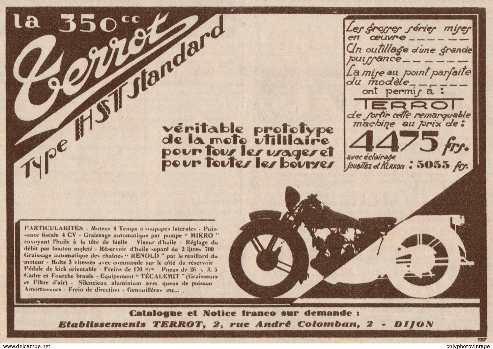 Moto TERROT 350 C.c. Tipo HST Standard - Pubblicità D'epoca - 1930 Old Ad - Advertising