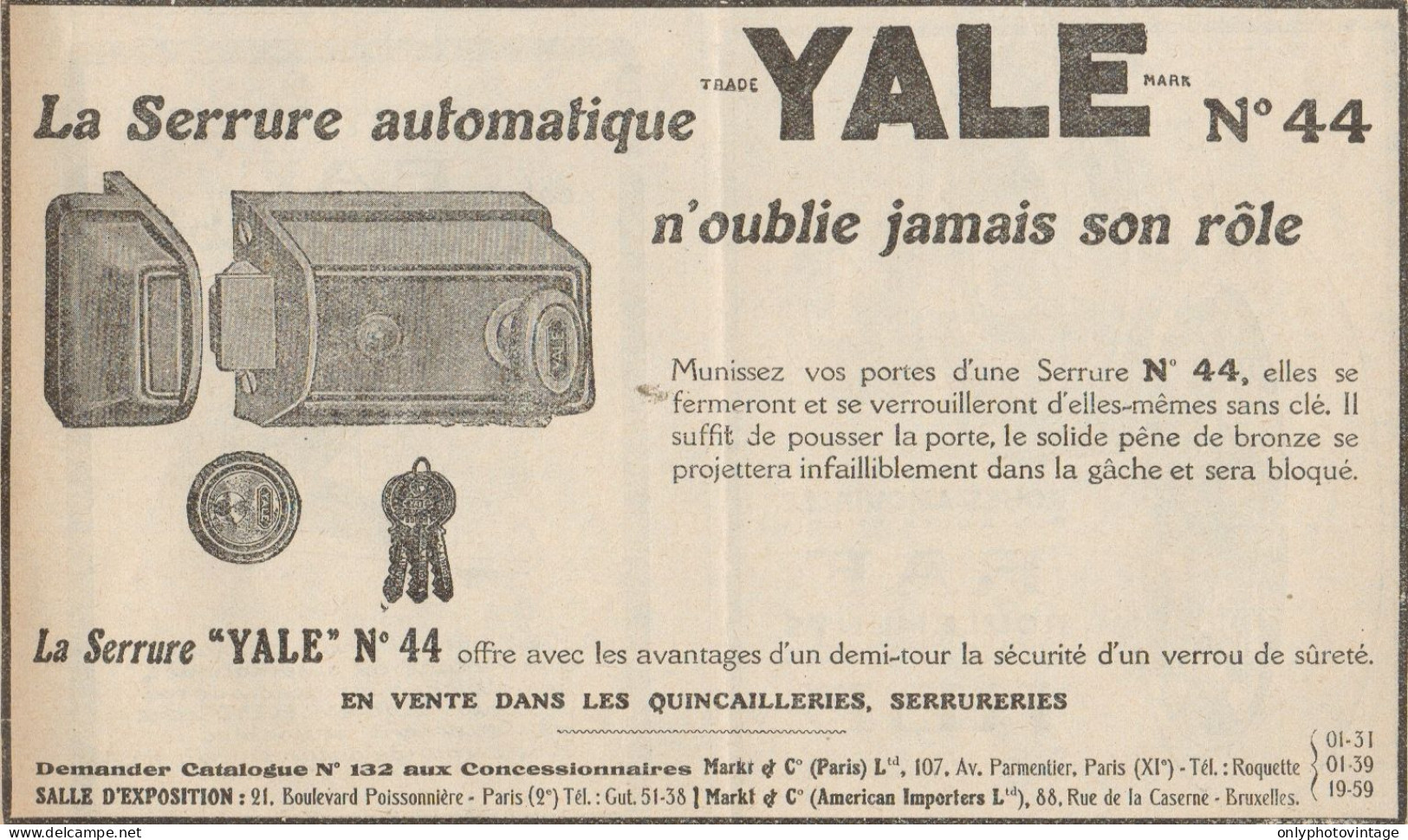 Serrure Automatique YALE N. 44 - Pubblicità D'epoca - 1926 Old Advertising - Advertising