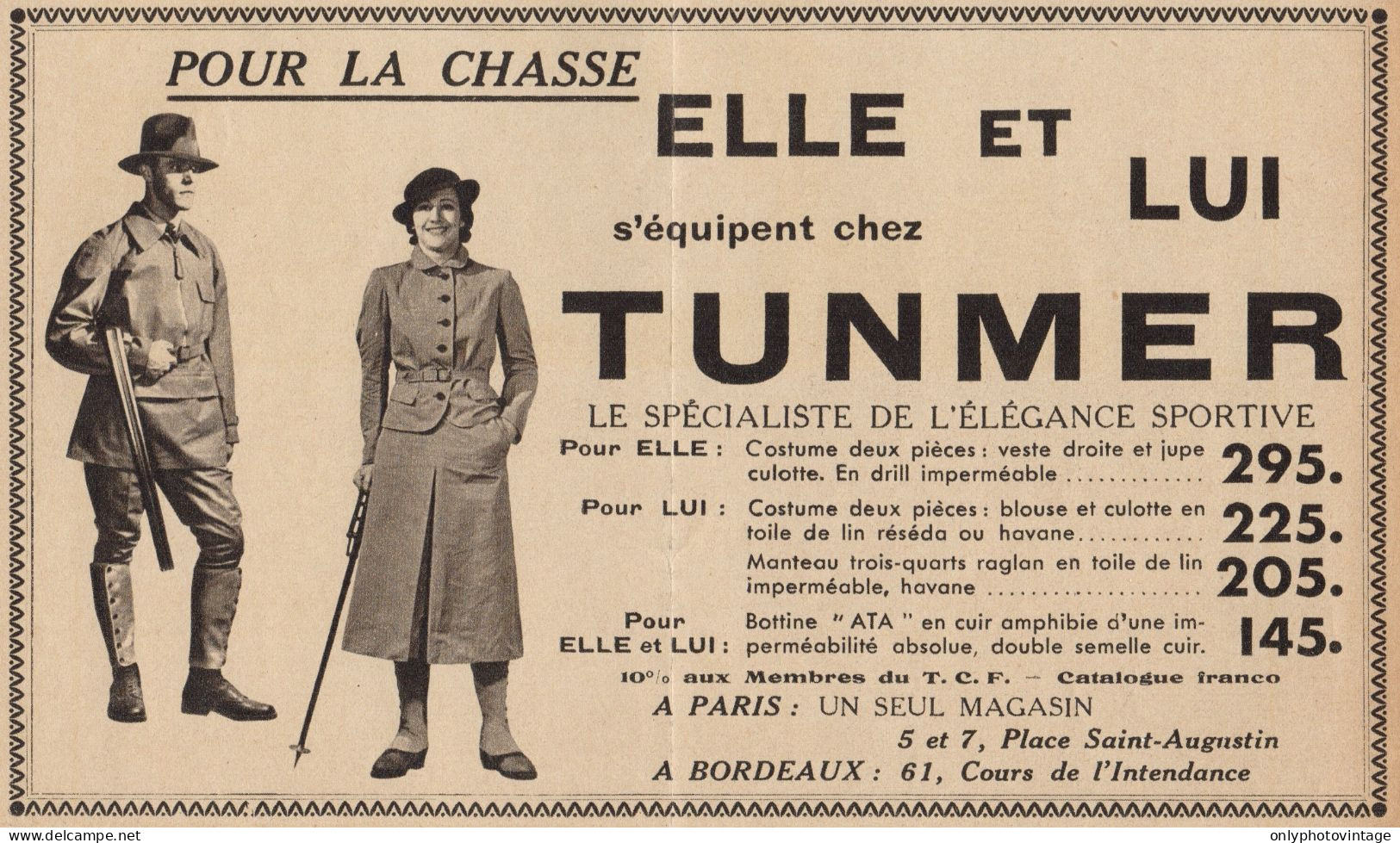 TUNMER - Vetements Pour La Chasse - Pubblicità D'epoca - 1936 Old Advert - Advertising