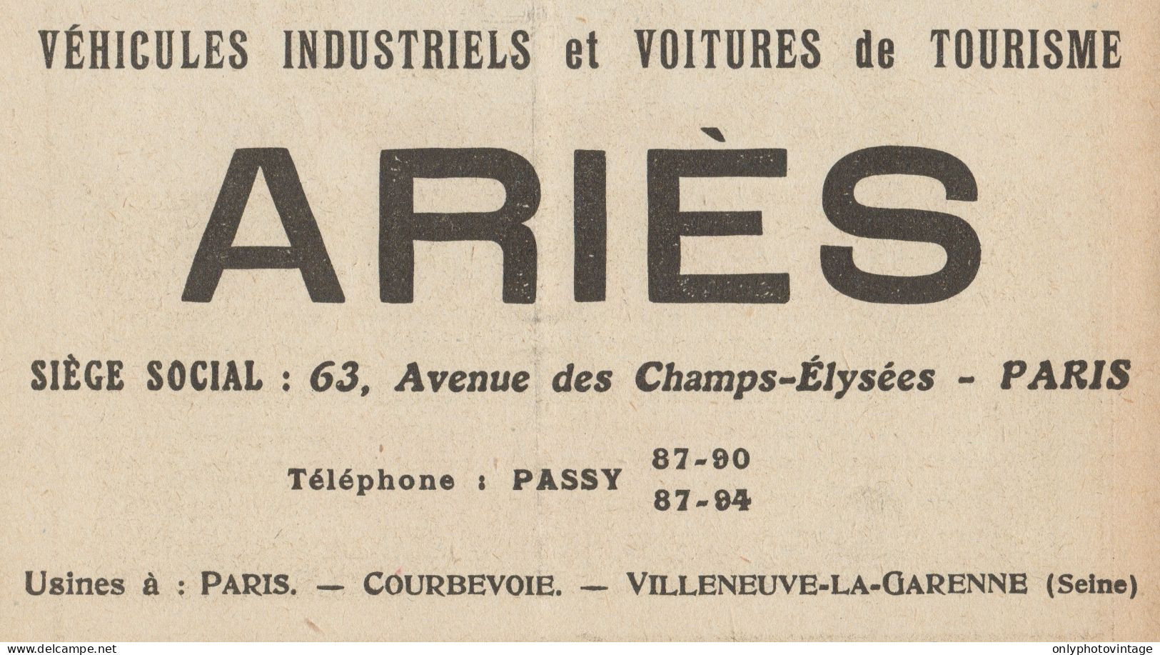 Voitures De Tourisme ARIES - Pubblicità D'epoca - 1921 Old Advertising - Advertising