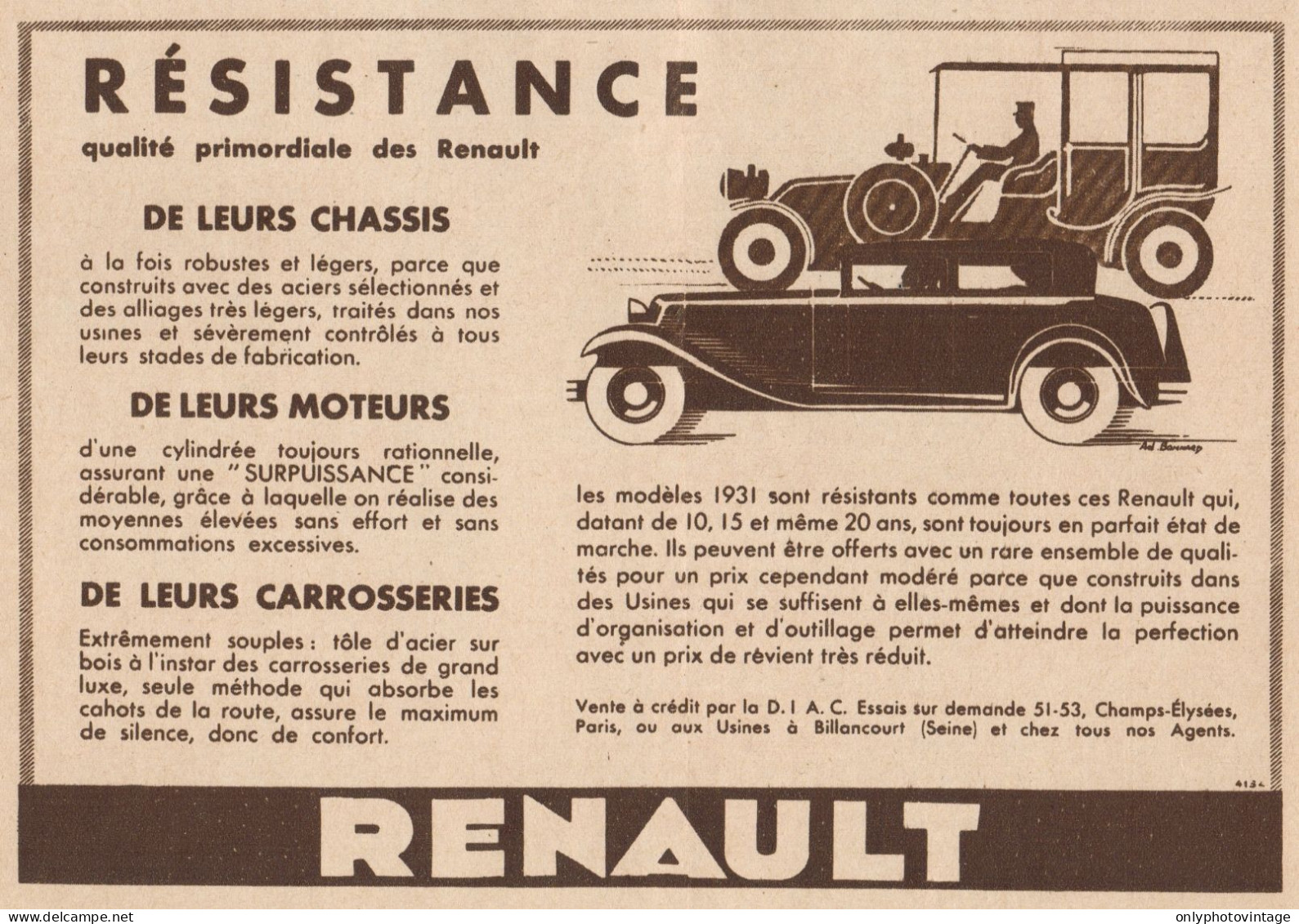 Voiture RENAULT - Pubblicità D'epoca - 1931 Old Advertising - Publicités