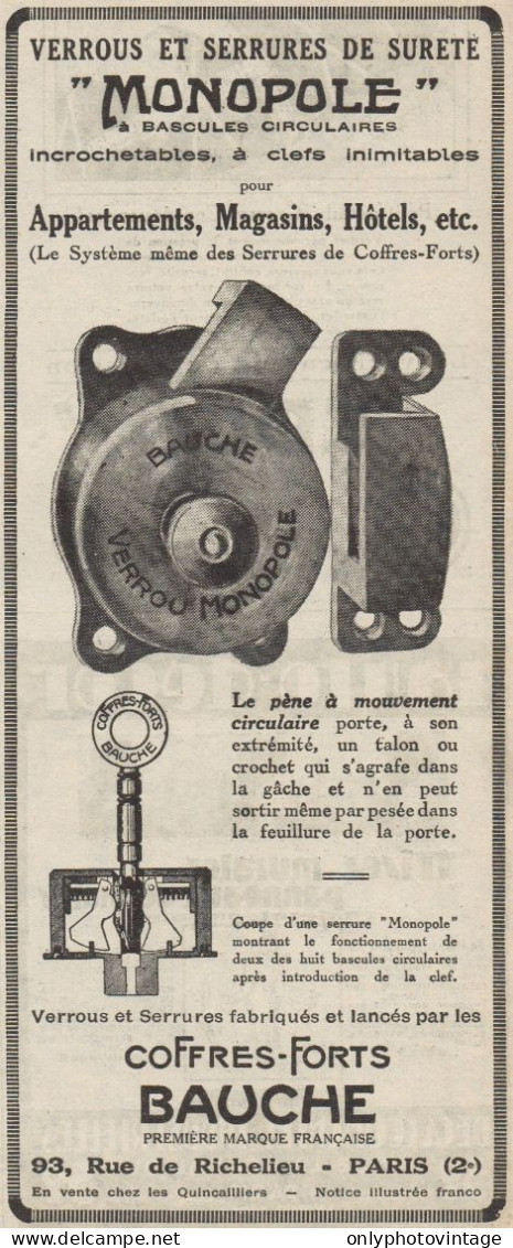 Serrures De Surete MONOPOLE - Pubblicità D'epoca - 1928 Old Advertising - Publicités