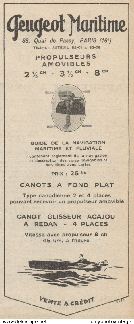 Peugeot Maritime - Canots A Fond Plat - Pubblicità D'epoca - 1928 Old Ad - Advertising