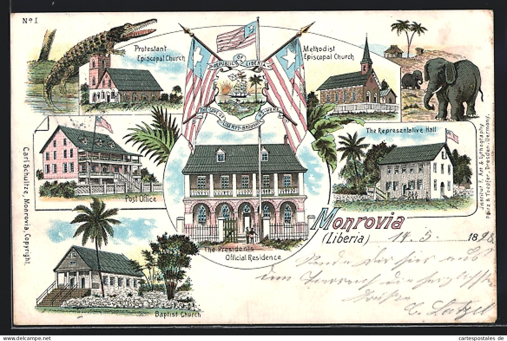 Lithographie Monrovia, Representative Hall, Presidents Official Residence, Baptist Church, ELephanten Et Krokodil  - Libye