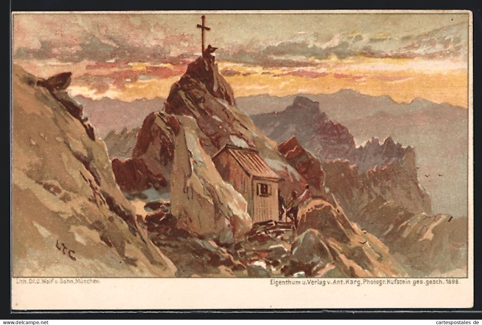Künstler-AK Edward Theodore Compton: Berghütte Und Gipfelkreuz, Abendlicher Blick Aufs Gebirge  - Compton, E.T.