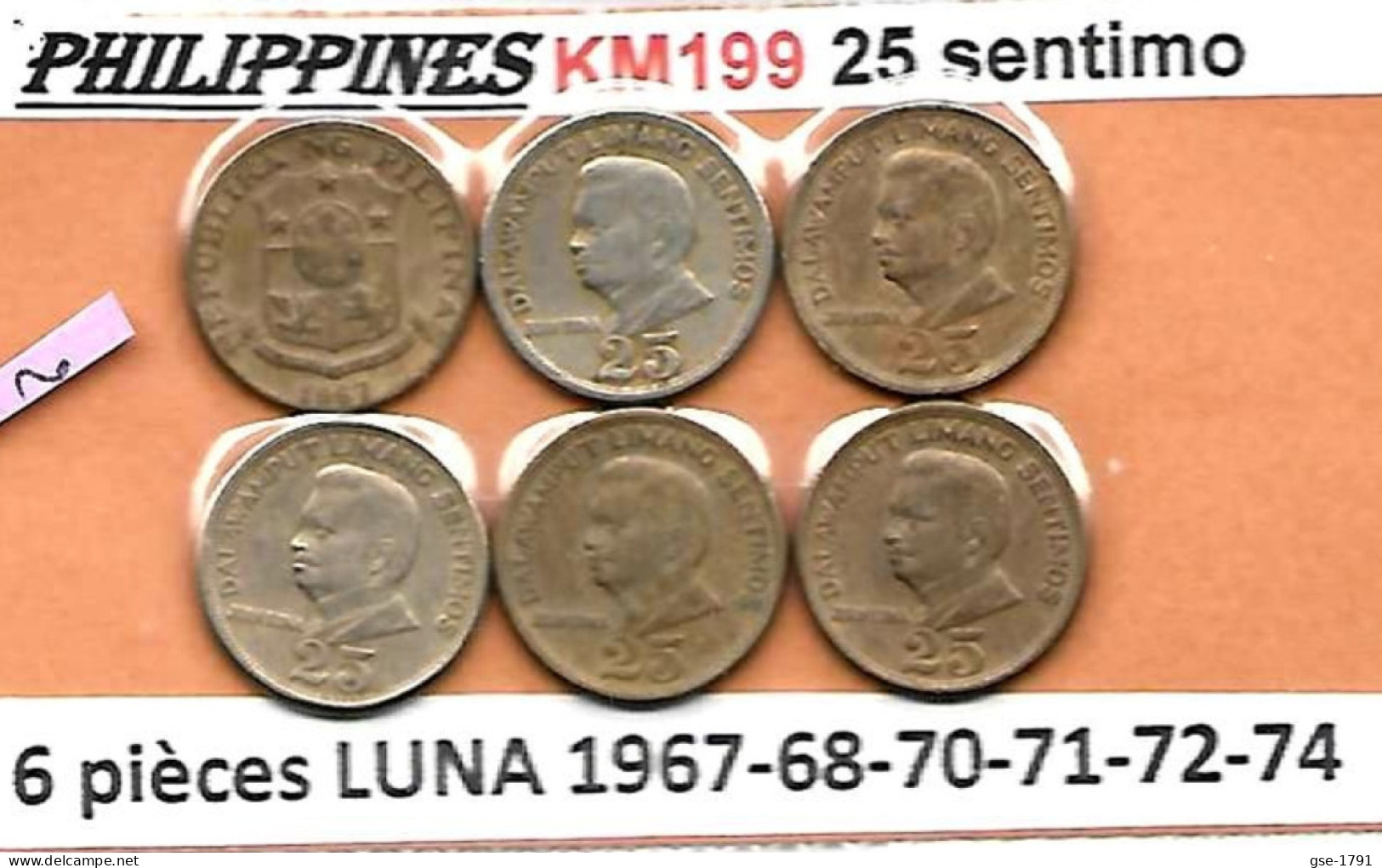PHILIPPINES  Réforme Coinnage,  Sentimos, LUNA KM 199  , 6 Pièces 1967- 68- 70- 71- 72- 74 TB - Philippinen