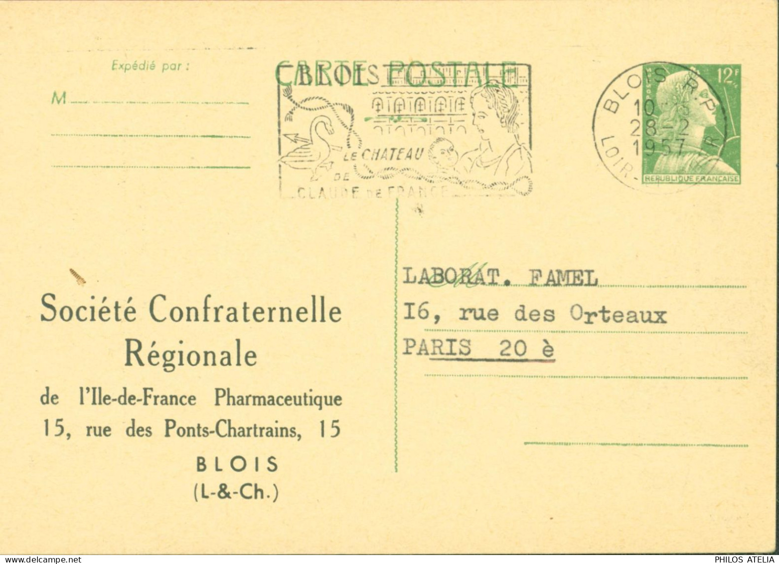 Entier Marianne Muller 12F Vert Repiquage Société Confraternelle Régionale Blois CAD + Flamme Blois 1957 - Cartoline Postali Ristampe (ante 1955)