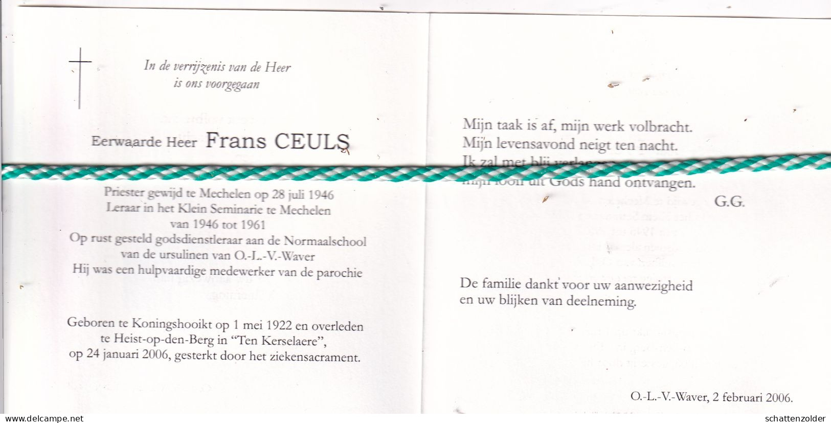 Priester Frans Ceuls, Koningshooikt 1922, Heist-op-den-Berg 2006. Mechelen En O.L.V.Waver, Leraar O.r. Foto - Avvisi Di Necrologio
