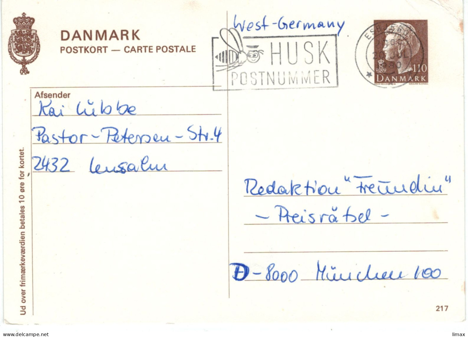 Ganzsache Husk Postnummer 1980 > München - Interi Postali