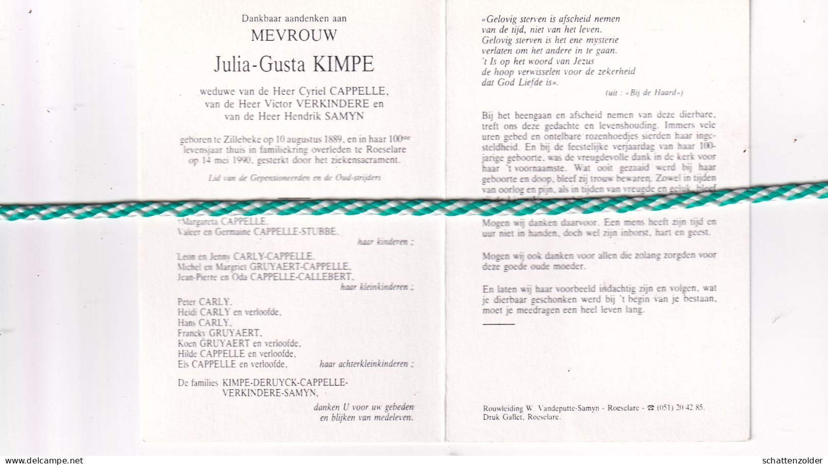 Julia Gusta Kimpe-Cappelle-Verkindere-Samyn, Zillebeke 1889, Roeselare 1990. Honderdjarige. Foto - Décès
