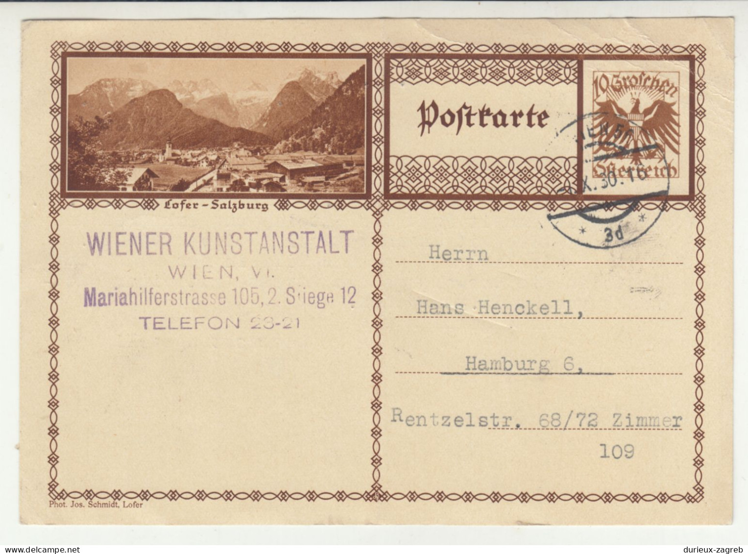 Lofer-Salzburg Illustrated Postal Stationery Postcard Posted 1930 B240503 - Postcards
