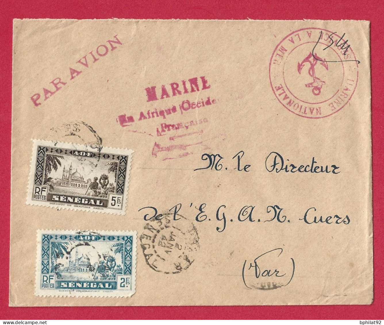 !!! SÉNÉGAL, LETTRE FM PAR AVION DE LA BASE AÉRONAVALE DE DAKAR POUR LA FRANCE DE 1942, CACHET SERVICE À LA MER - Cartas & Documentos