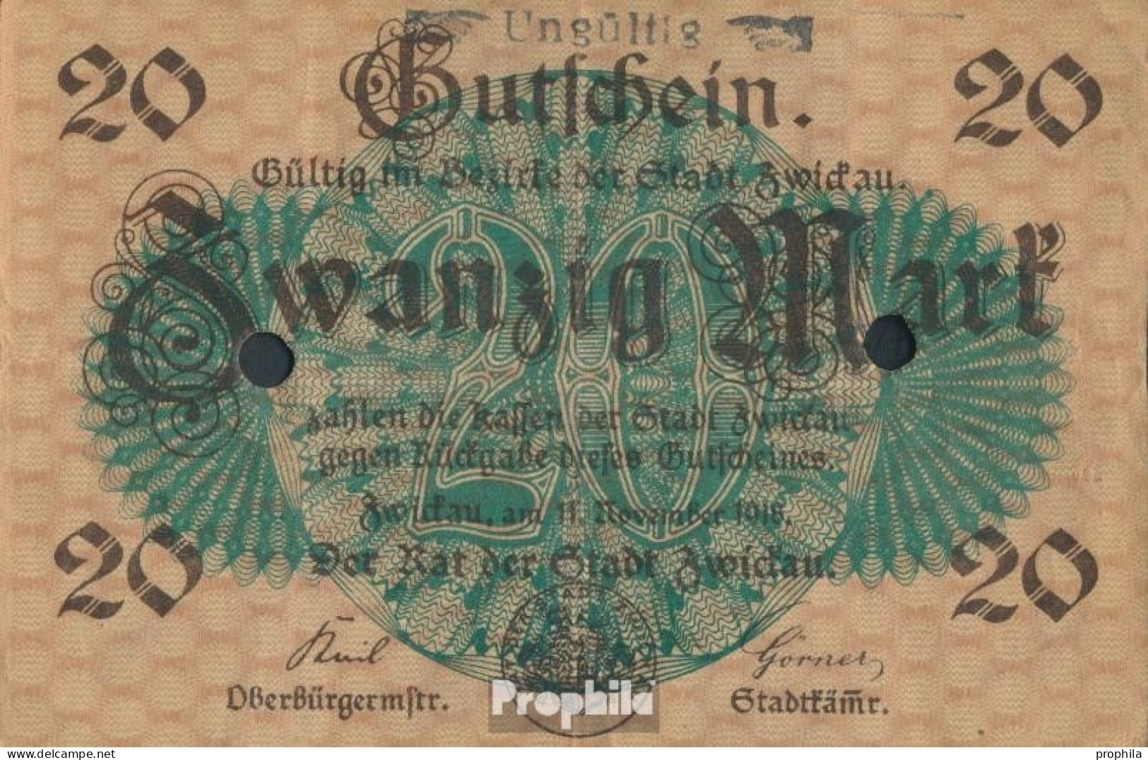Zwickau Notgeldschein Der Stadt Zwickau, Entwertet Gebraucht (III) 1918 20 Mark Zwickau - 20 Mark