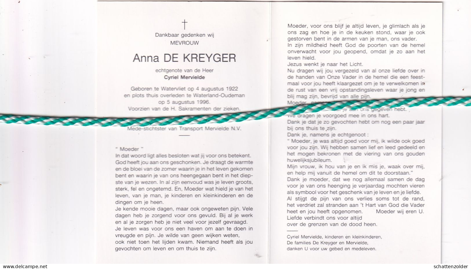 Anna De Kreyger-Mervielde, Watervliet 1922, Waterland-Oudenman 1996. Medestichter Transport Mervielde. Foto - Décès