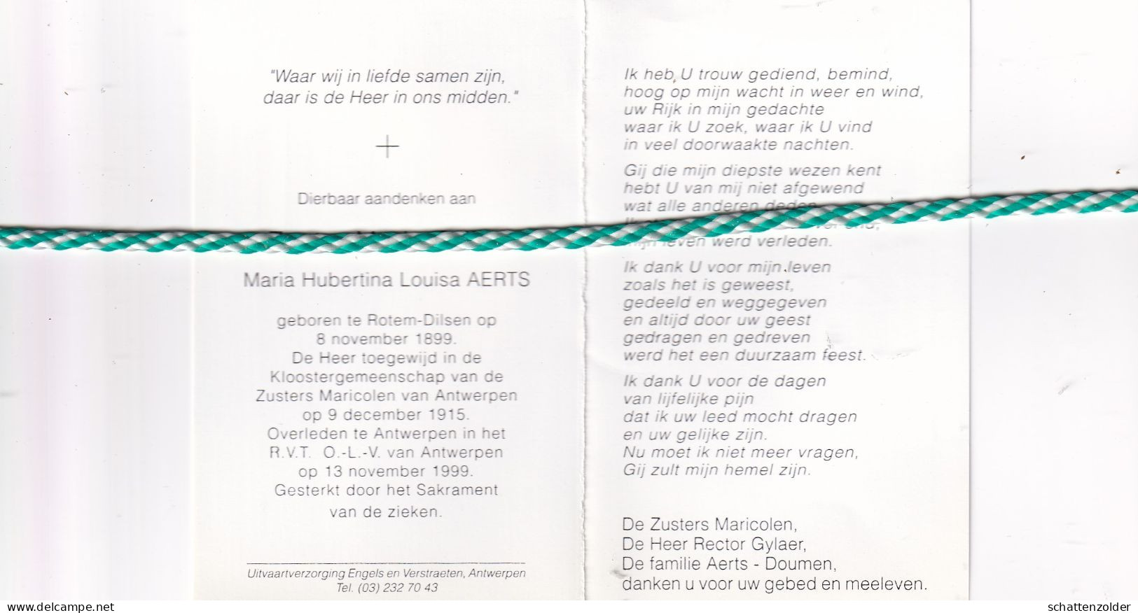 Zuster Maria Odilia (Maria Hubertina Louisa Aerts), Rotem-Dilsen 1899, Antwerpen 1999. Honderdjarige - Todesanzeige