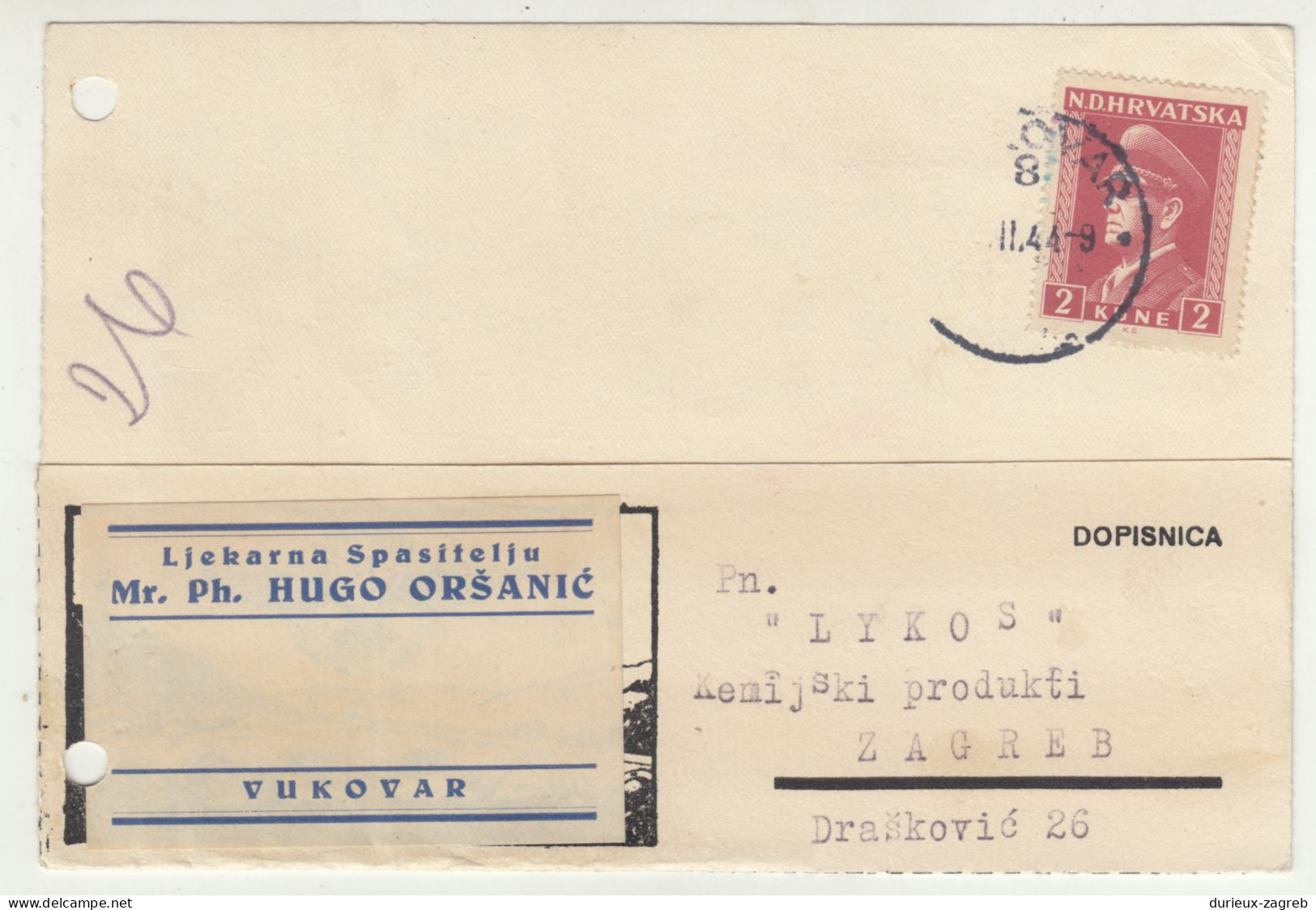 Ljekarna Spasitelju, Hugo Oršanić, Vukovar Company Postal Card Posted 1944 B240503 - Croatie