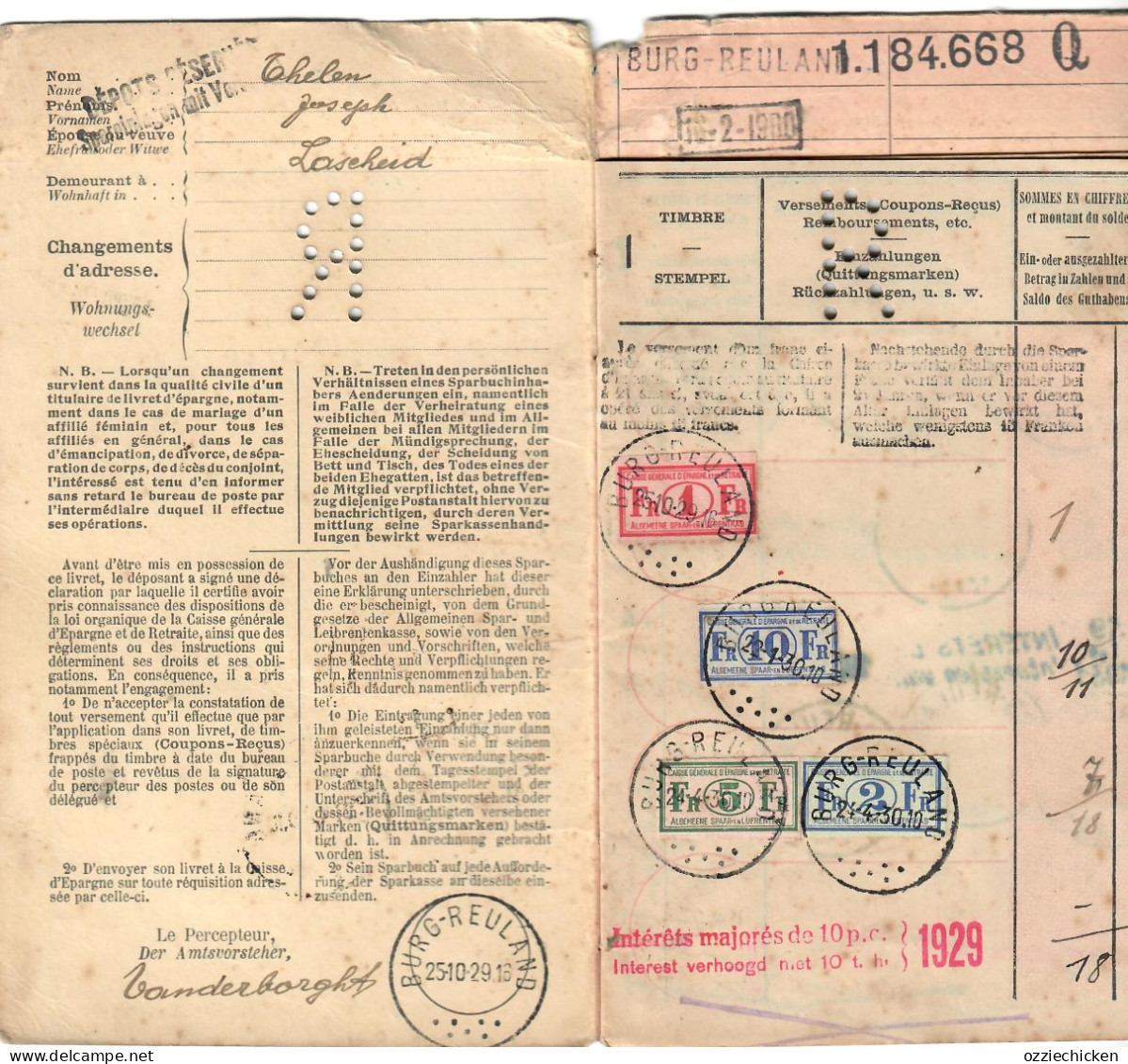 LIVRET EPARGNE SPAARBOEKJE Caisse Bureaux De Poste 1929 - 1937 BURG REULAND - Andere & Zonder Classificatie