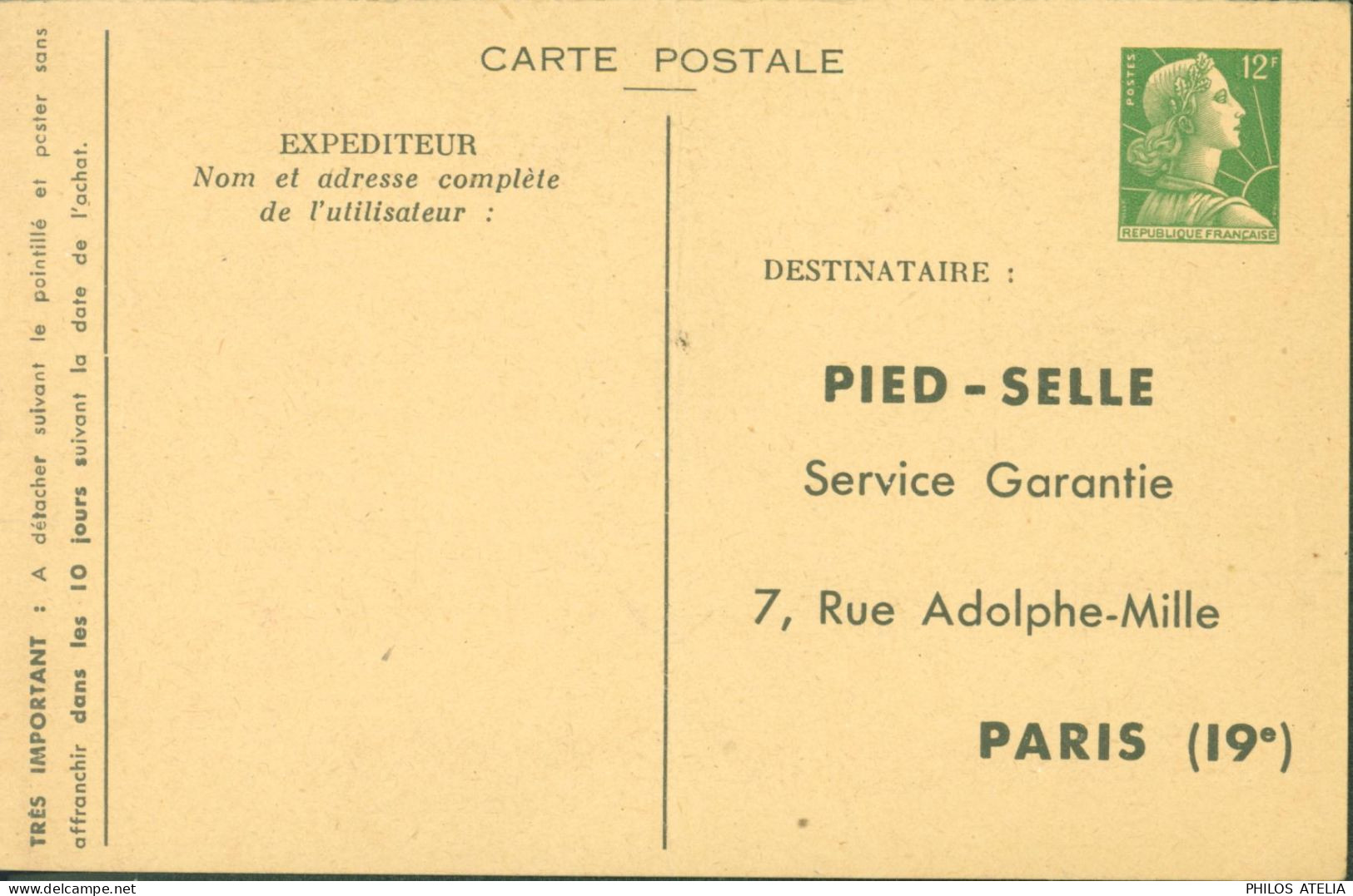 Entier Marianne Muller 12F Vert Carte Privée TSC Pied Selle Servie Garantie Paris Rare Cote 75 € Storch A4C2 - Cartoline Postali E Su Commissione Privata TSC (ante 1995)