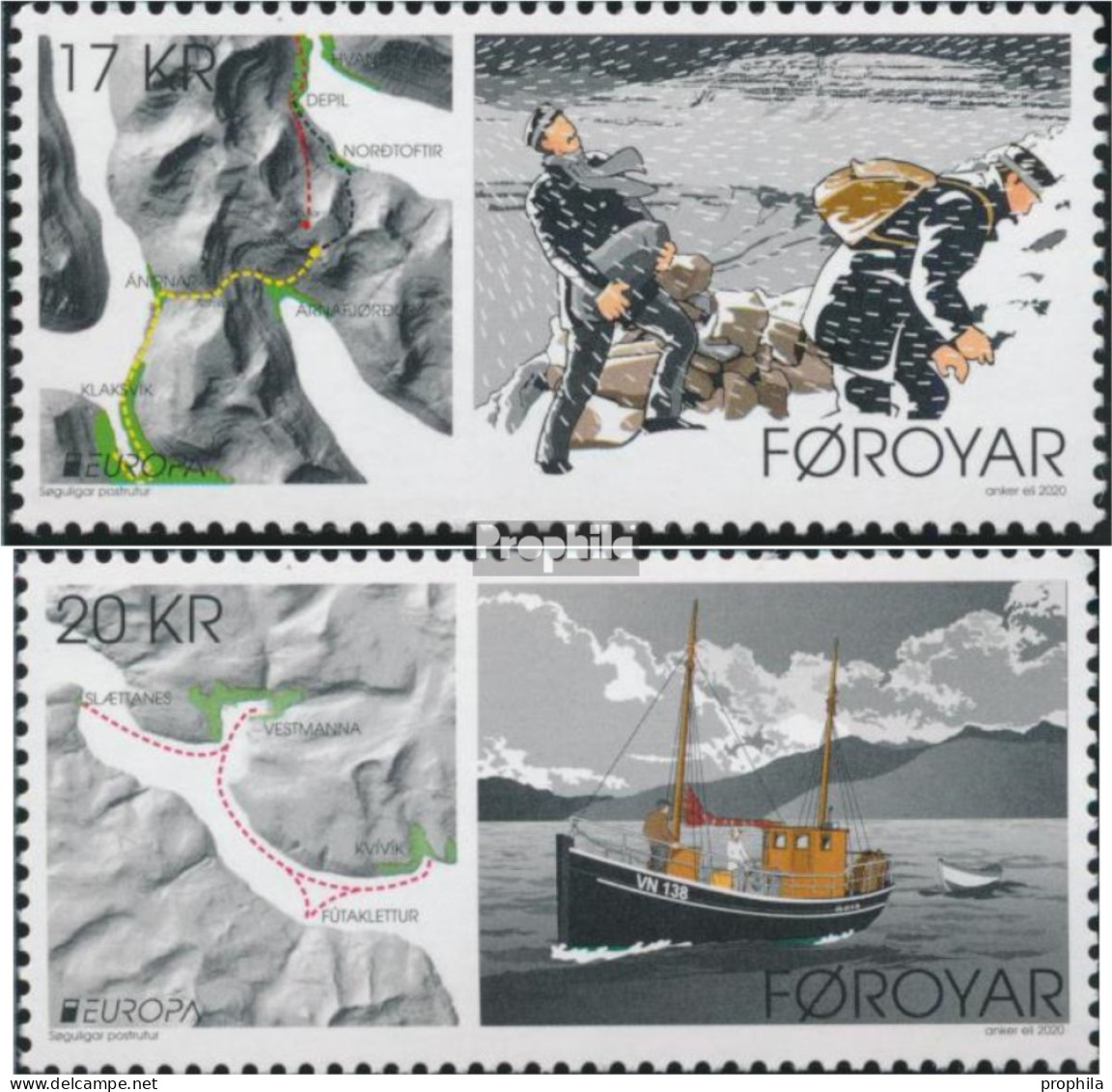 Dänemark - Färöer 979-980 (kompl.Ausg.) Postfrisch 2020 Historische Postrouten - Féroé (Iles)