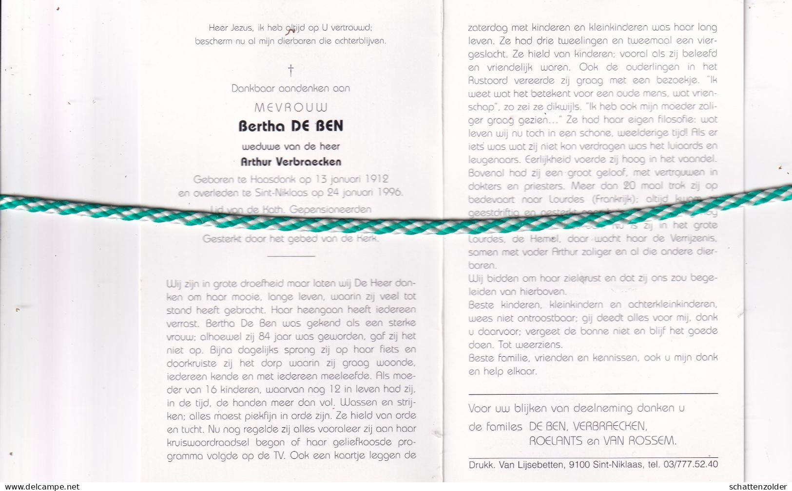 Bertha De Ben-Verbraecken, Haasdonk 1912, Sint-Niklaas 1996. Foto - Obituary Notices