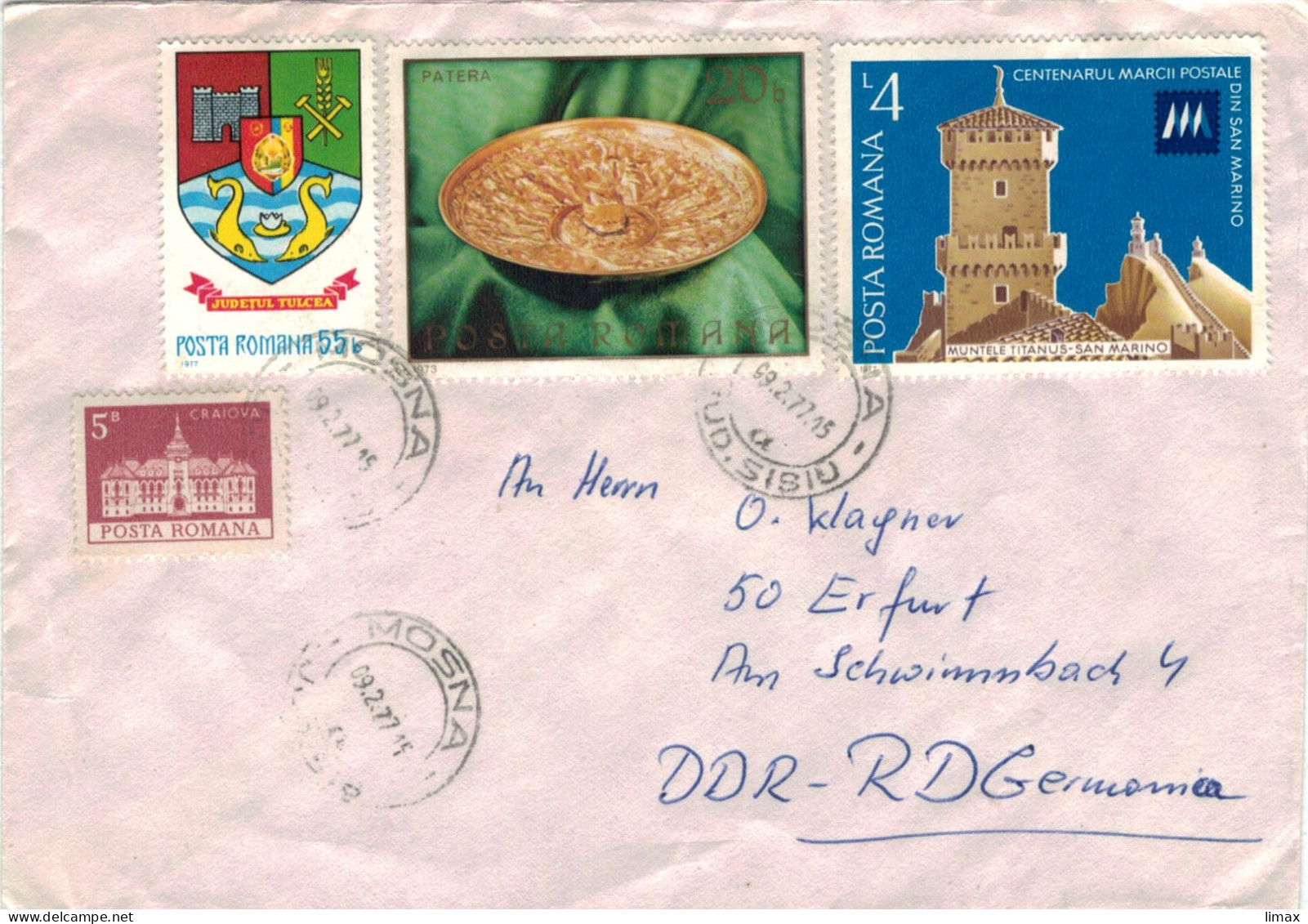 Mosna 1977 Wappen Judetul Tulcea - Patera Gold - San Marino Titanus - Craiova - Lettres & Documents