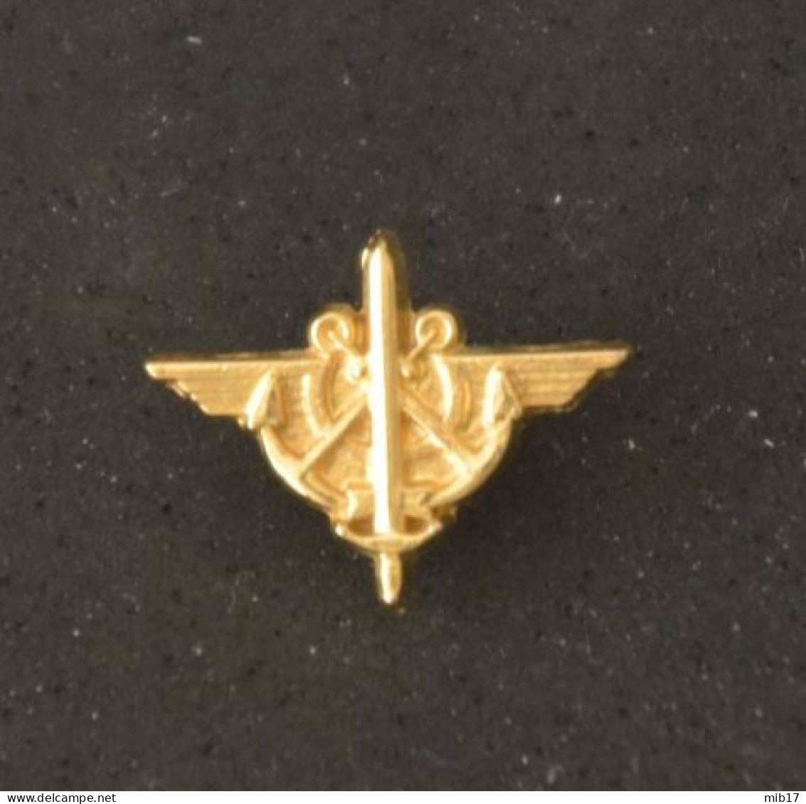 Pin's Doré - Armée à Déterminer - 2 Ancres De Marine / 1 Glaive Ou 1 épée Et 1 Paire D'ailes - Sans Marque - Militaria