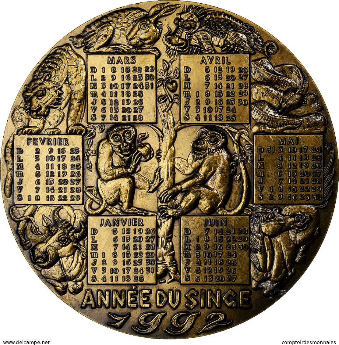 France, Médaille, Calendrier, Année Du Singe, 1992, Bronze Florentin, Oshio - Andere & Zonder Classificatie