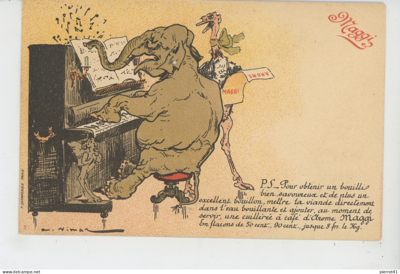 PUBLICITE - ELEPHANT - AUTRUCHE  - Jolie Carte éléphant Au Piano Et Autruche PUB Pour LES POTAGES MAGGI - Publicité
