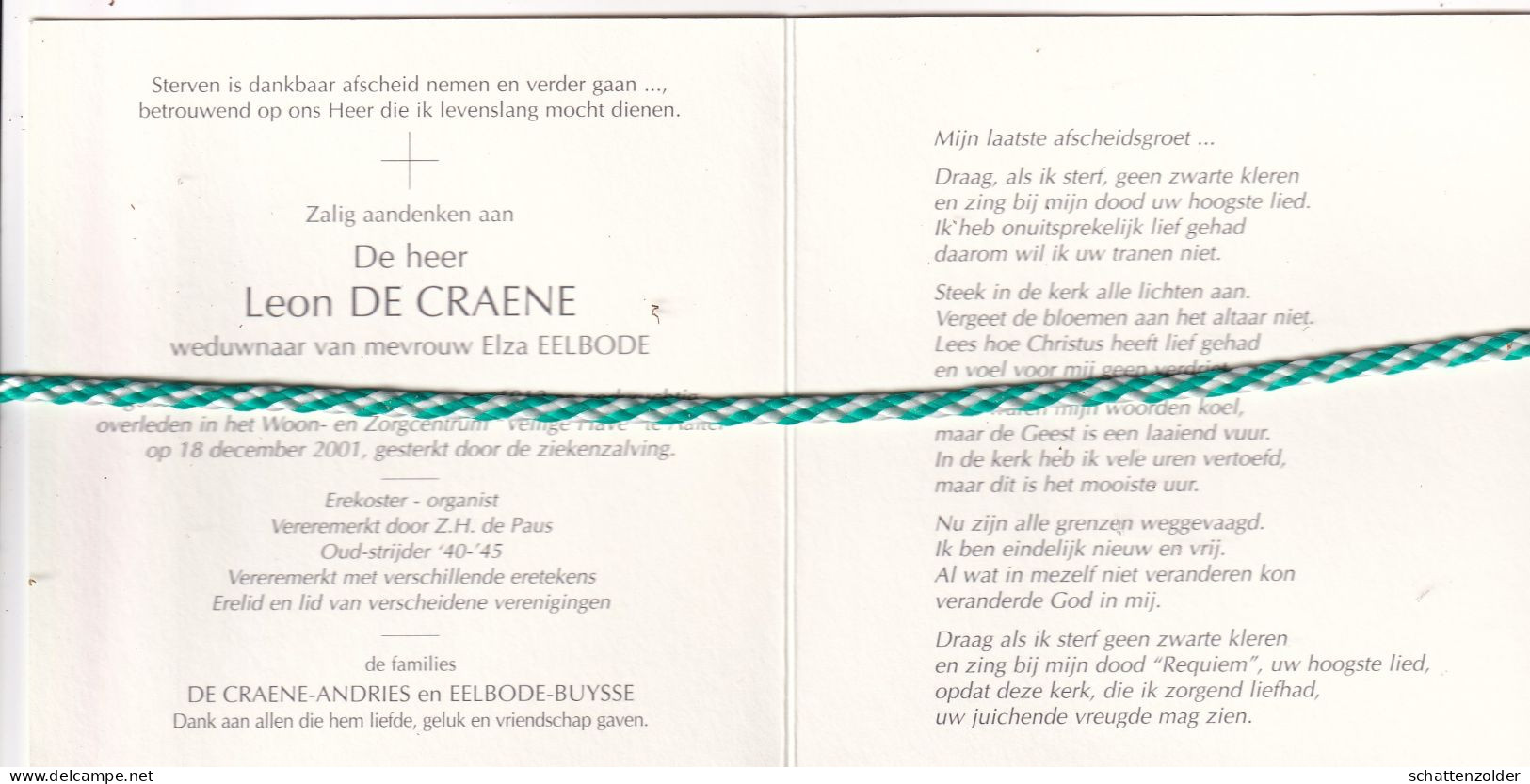 Leon De Craene-Eelbode, Lotenhulle 1912, Aalter 2001. Ere Koster-Organist, Oud-strijder 40-45, Foto - Overlijden