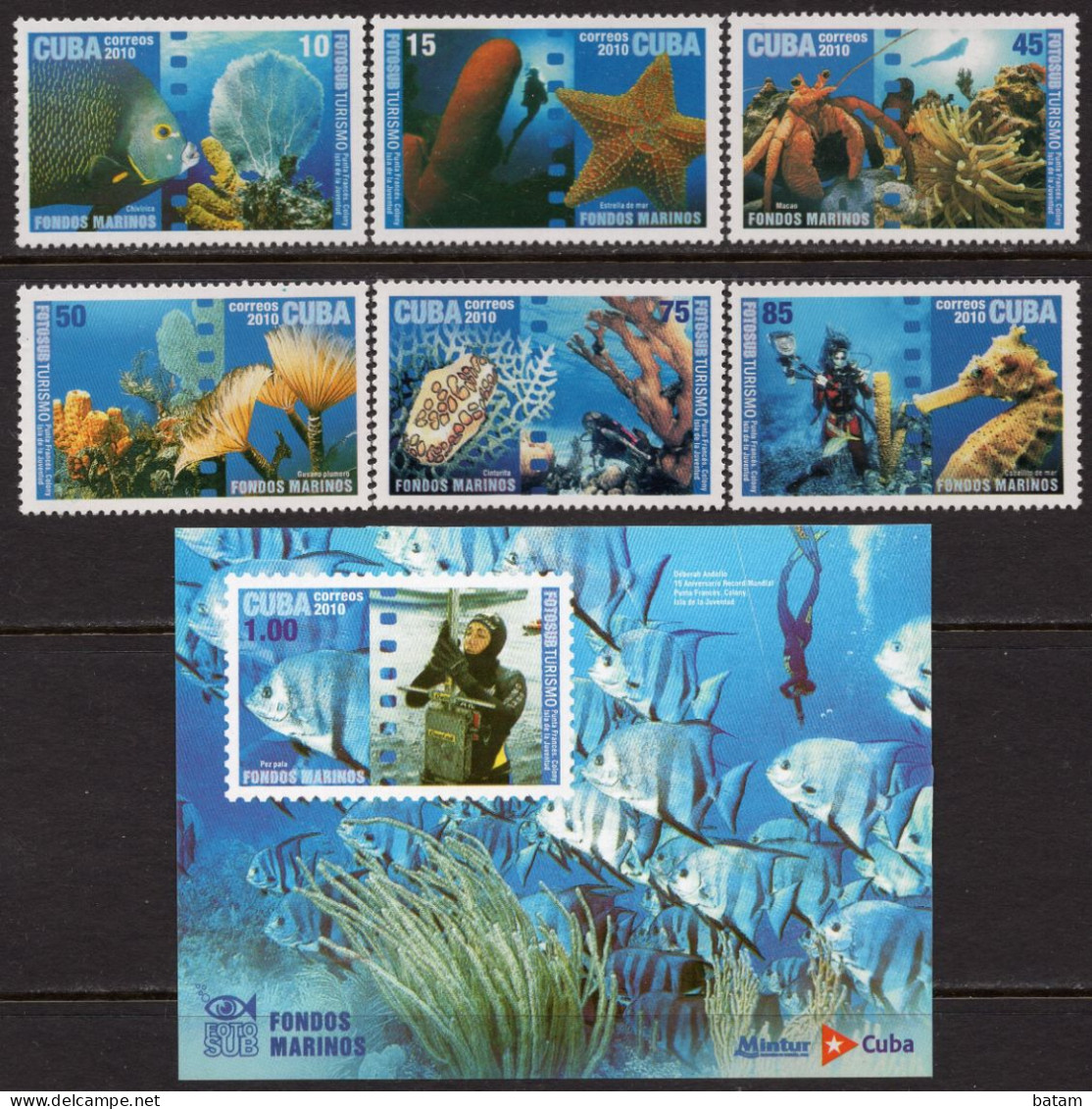 CUBA 2010 - Marine Fauna - Fish - Crab - MNH Set + Souvenir Sheet - Unused Stamps