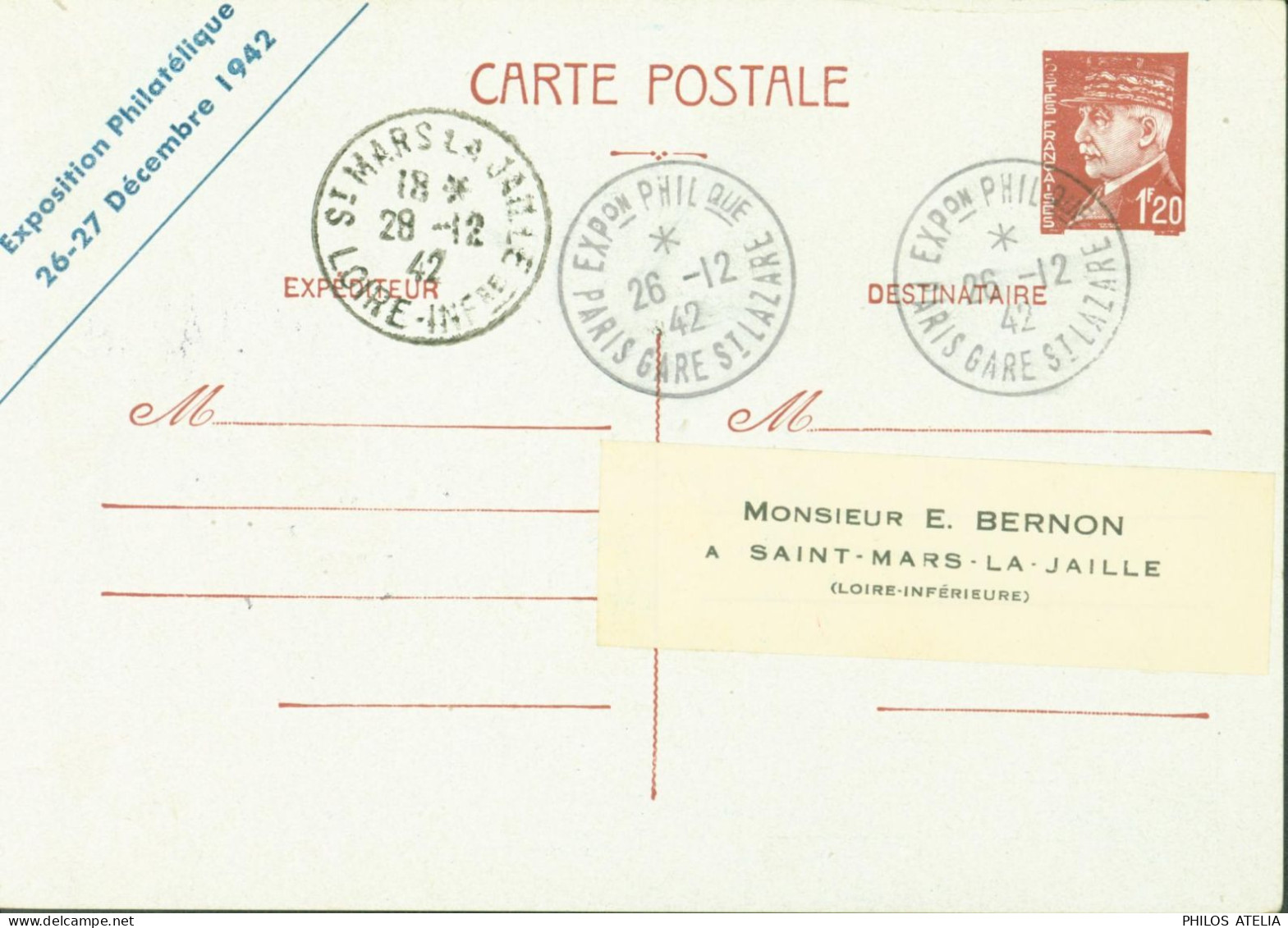 Entier Pétain 1,20 CP Repiquage Exposition Philatélique 26 27 12 1942 Les Cheminots Philatélistes YT Colis Postal 187a - Cartes Postales Repiquages (avant 1995)