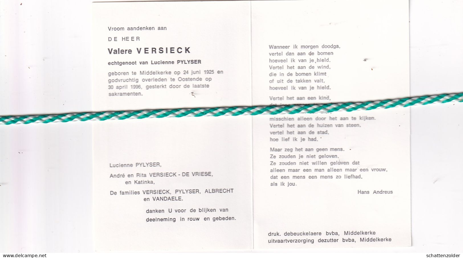 Valere Versieck-Pylyser, Middelkerke 1925, Oostende 1996 - Overlijden