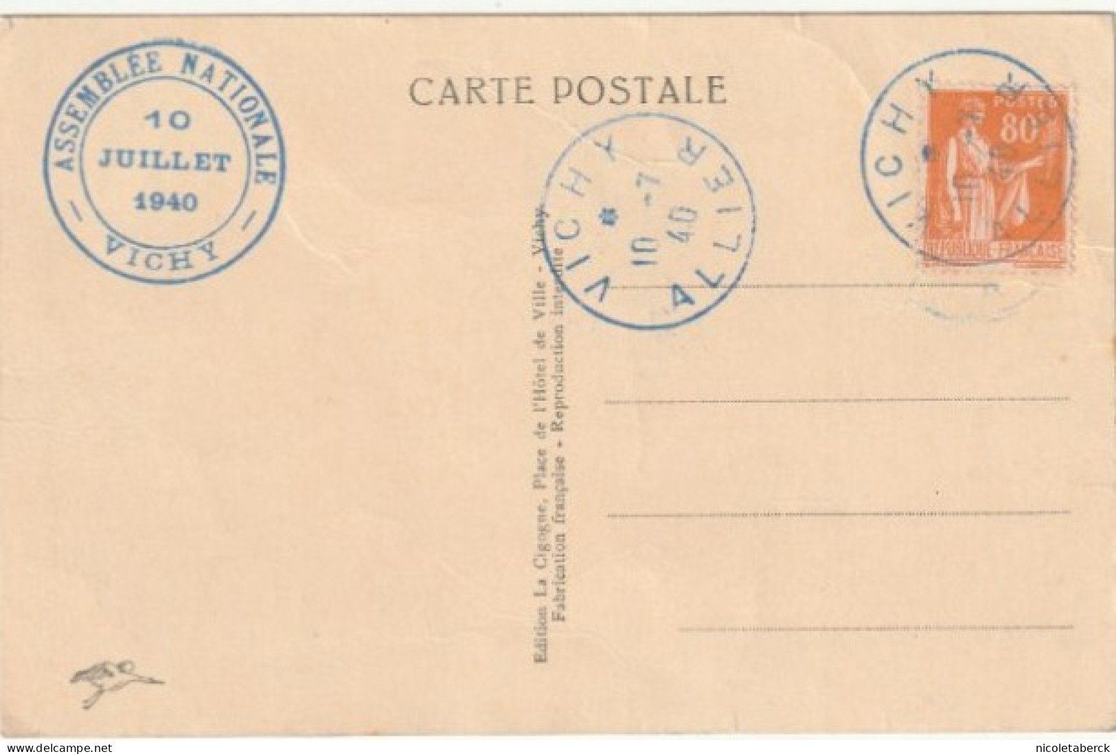 Paix, N° 366 Sure Carte Du Casino De Vichy 10/7/40, Obl: Assemblée Nationale - 1932-39 Paix