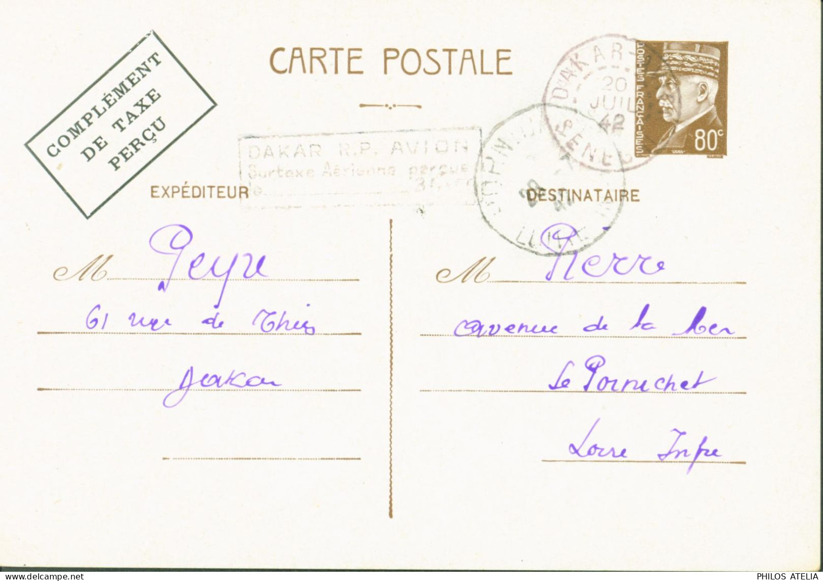 Entier Pétain 80c Complément De Taxe Perçu Cachet Dakar RP Avion Surtaxe Aérienne Perçue 3,5 - Standard Postcards & Stamped On Demand (before 1995)