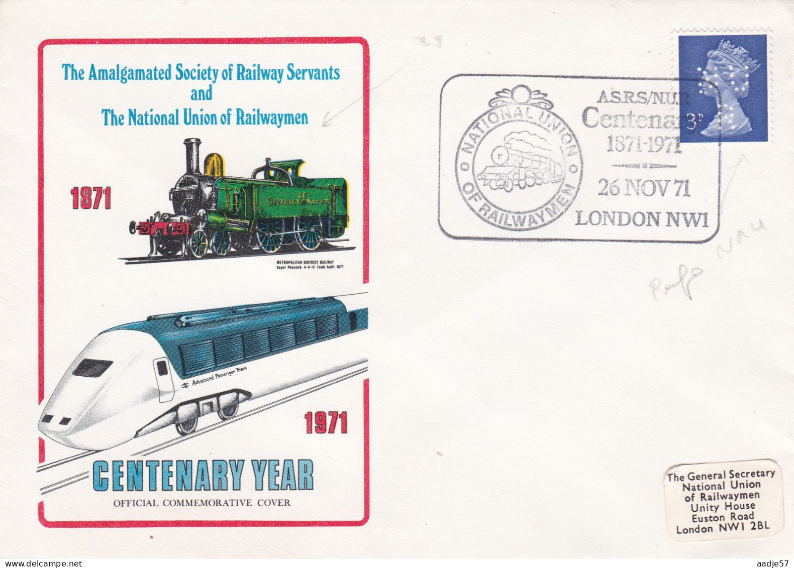 GB Engeland 1971 Centenary Year Of The National Union Of Railwayman 26-11-1971 Ith Perfo N U R - Trains