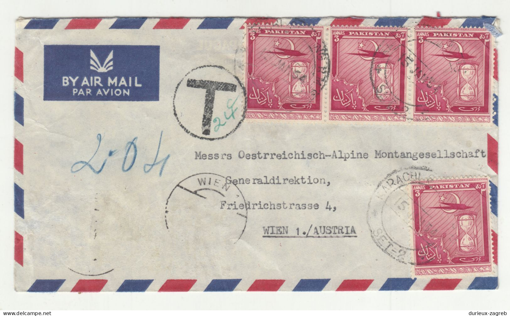 Pakistan Air Mail Letter Cover Posted 1954? To Austria Taxed (Austrian Postage Due Stamps Missing) B240503 - Pakistan