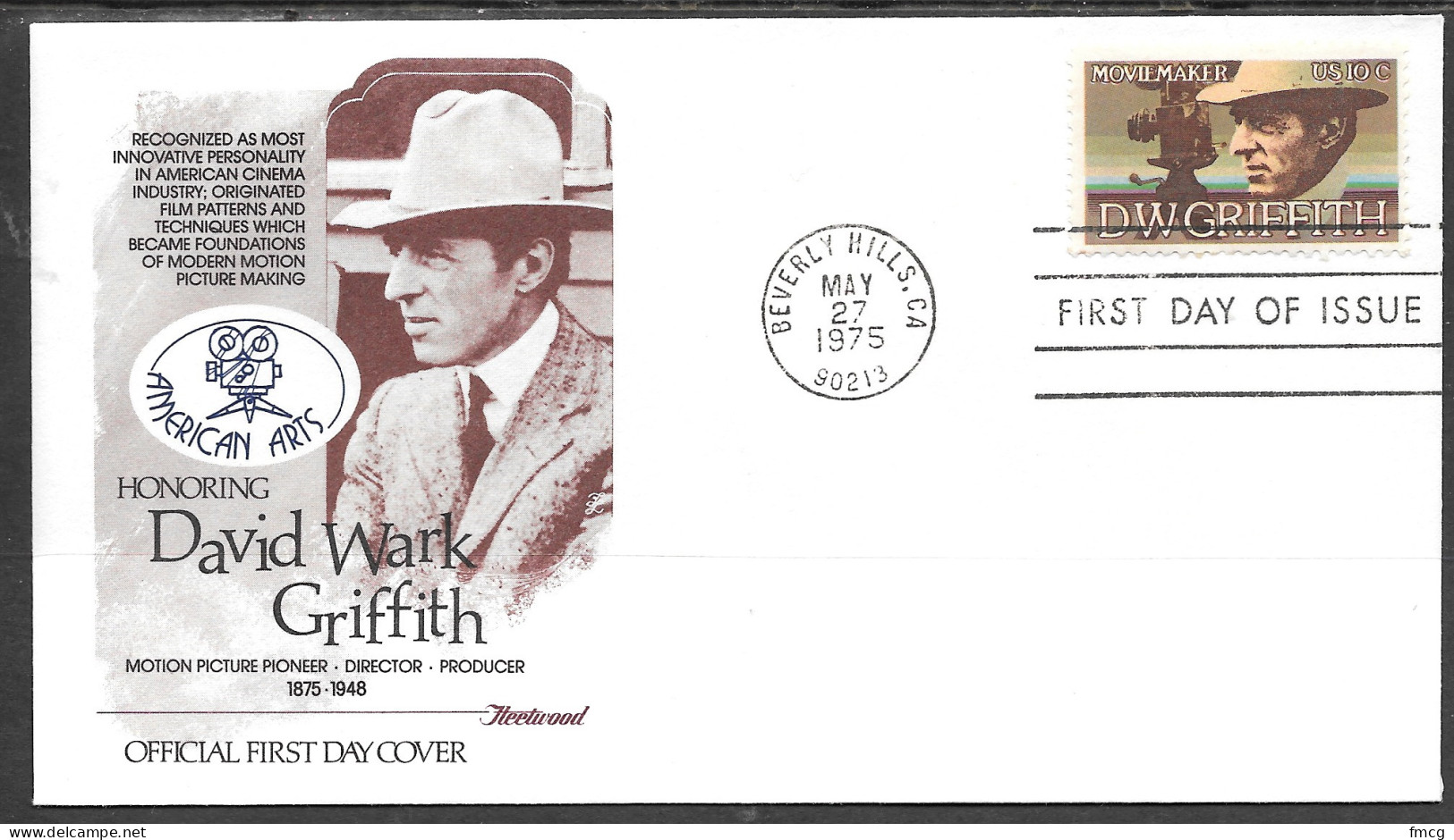 USA FDC Fleetwood Cachet, 1975 10 Cents D. W. Griffith - 1971-1980
