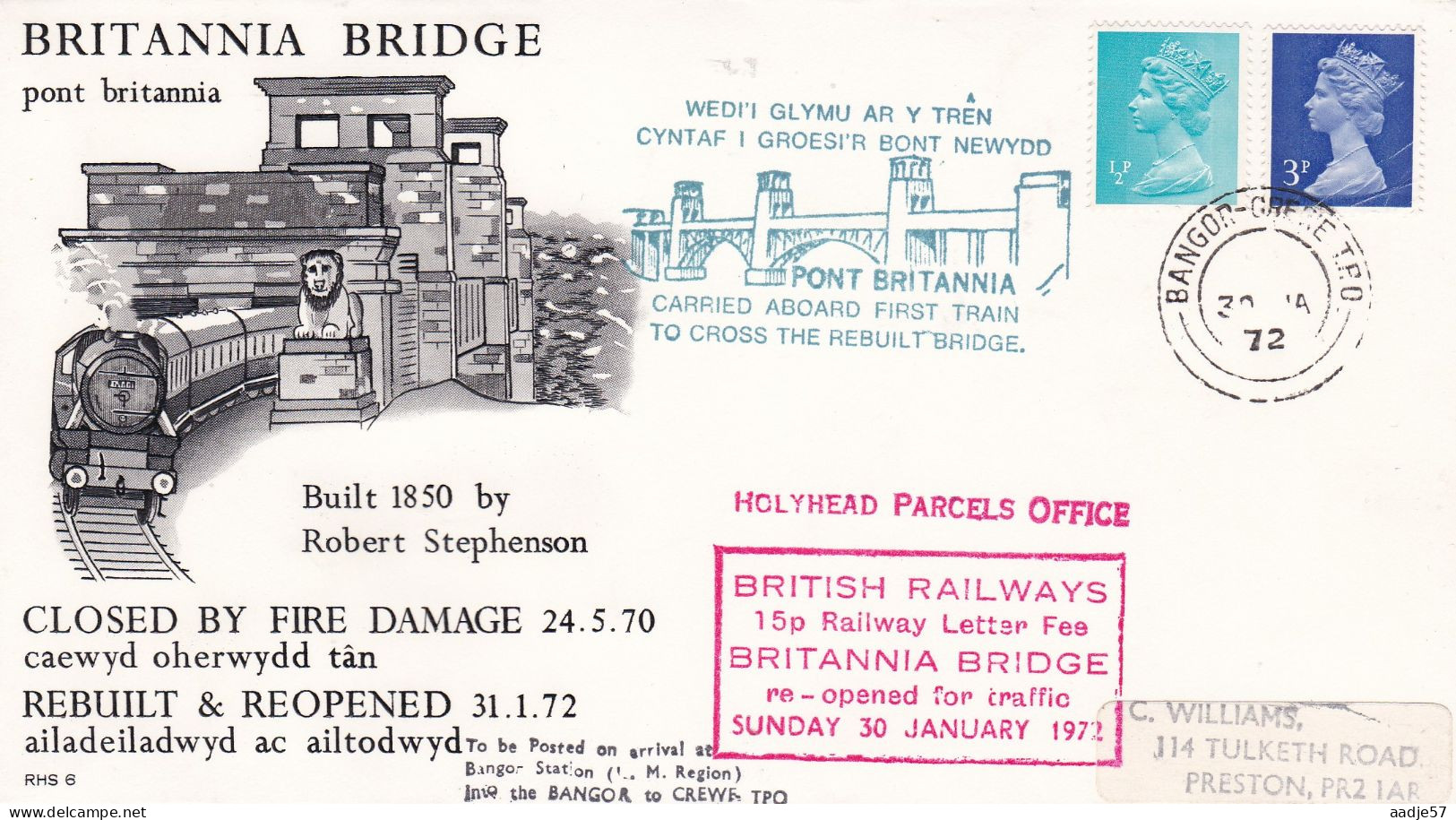 GB Engeland 1972 Britannia Bridge Closed By Fire Damage 24-05-1970 Reopend 31-01-1972 Carried Aboard First Train - Trains
