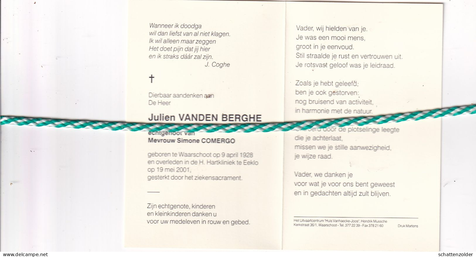 Julien Vanden Berghe-Comergo, Waarschoot 1928, Eeklo 2001. Foto - Overlijden
