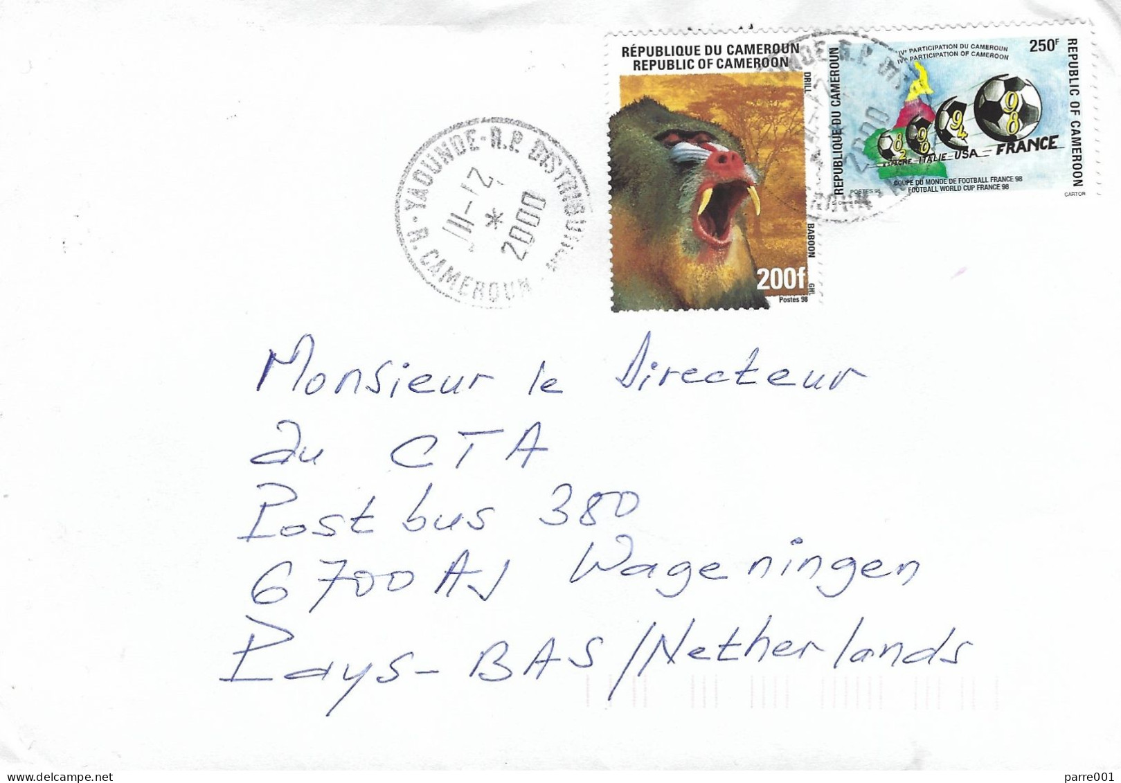 Cameroon Cameroun 2000 Yaounde World Cup Football France 250f Mandrill Monkey Cover - 1998 – Frankreich