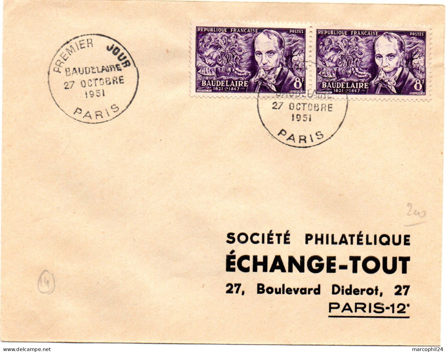 ECRIVAIN / BAUDELAIRE = 75 PARIS 1951 = CACHET PREMIER JOUR N° 908 Sur ENVELOPPE ENTIERE - Scrittori